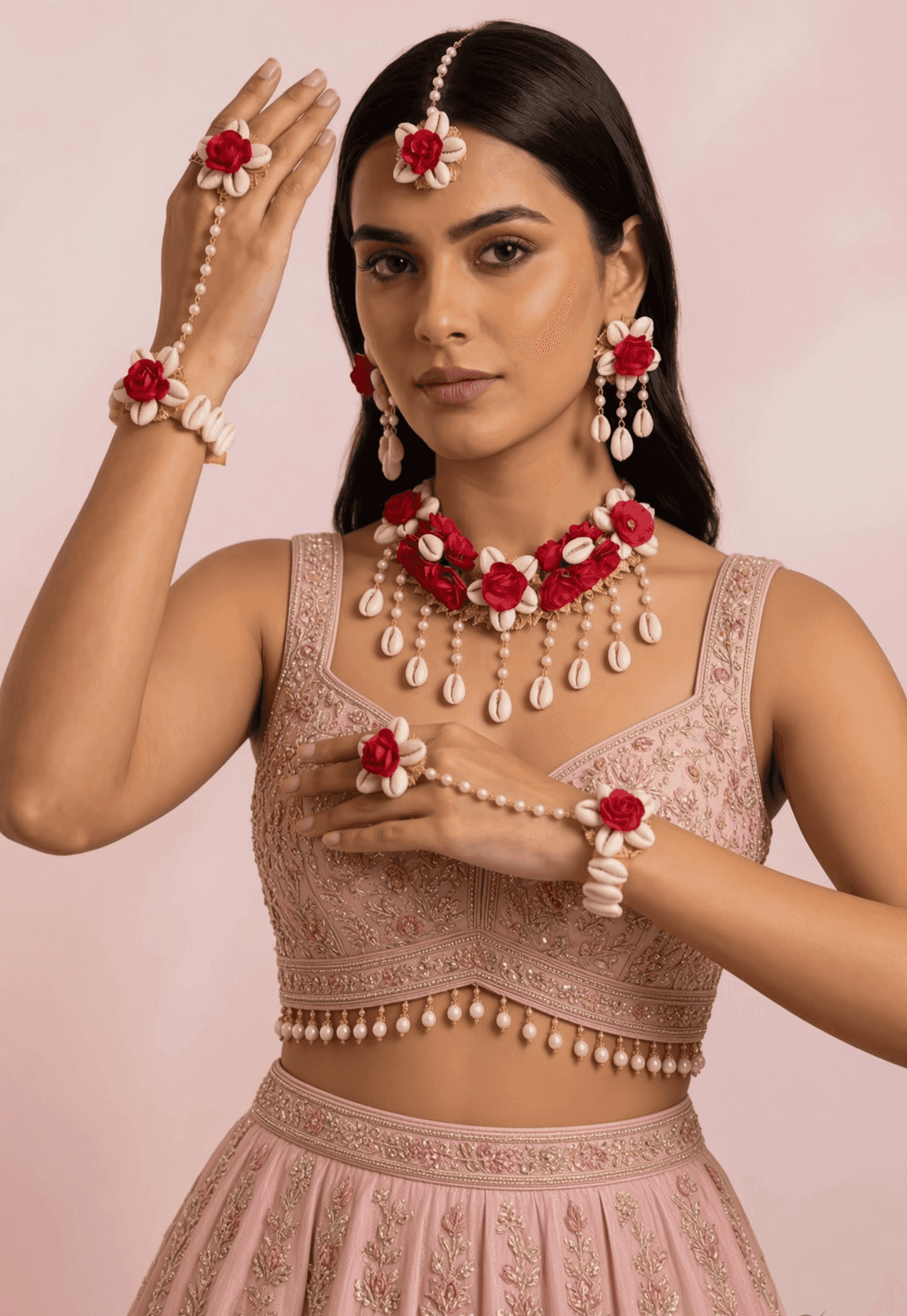 Red Rose Sea Shell Jewellery Set for Haldi & Mehndi Brides