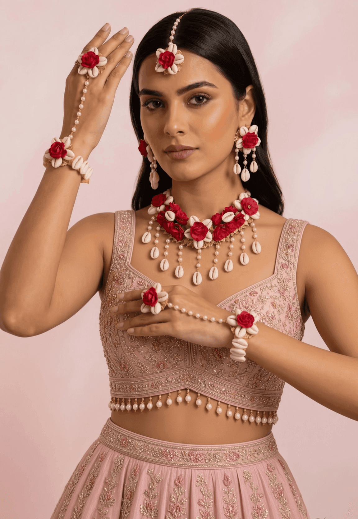 Red Rose Sea Shell Jewellery Set for Haldi & Mehndi Brides