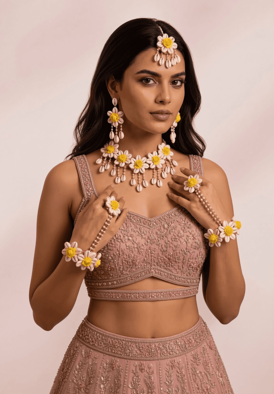 Beaded Flower Bliss: Multicolor Haldi Bridal Jewellery Set