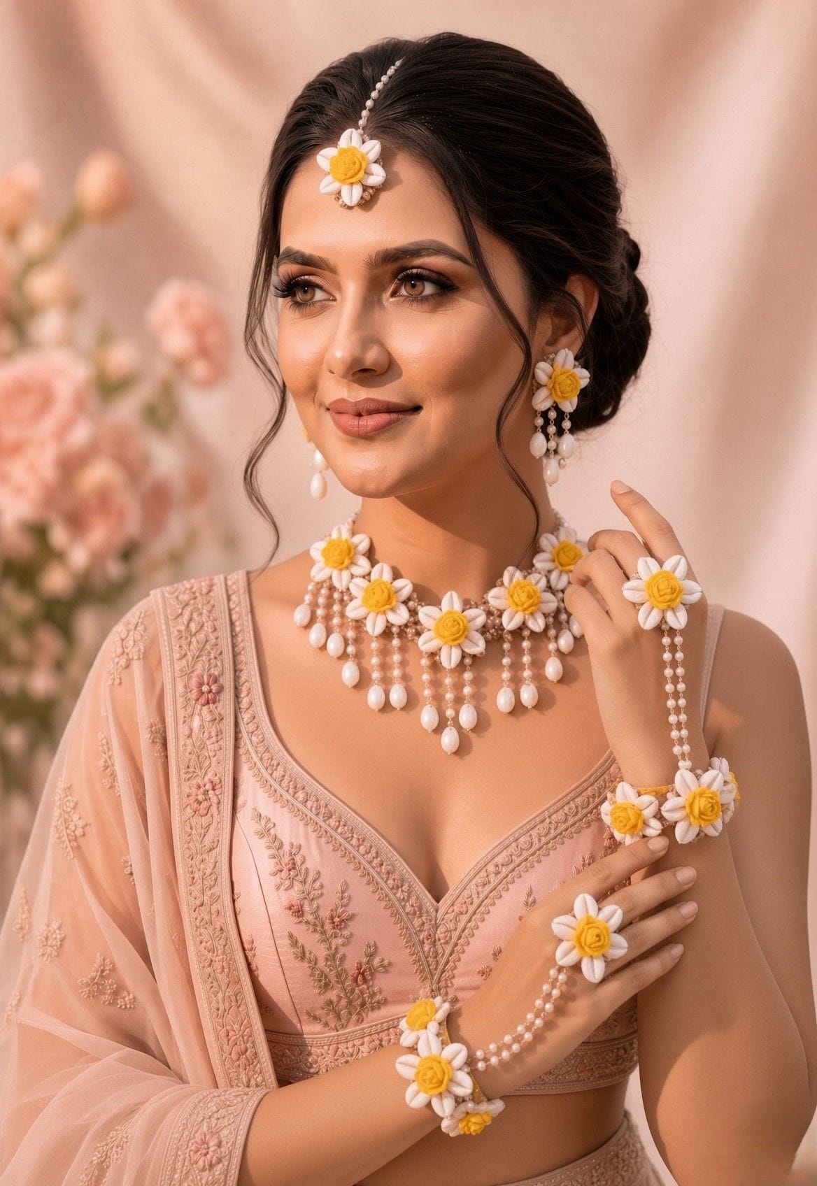 Beaded Flower Bliss: Multicolor Haldi Bridal Jewellery Set