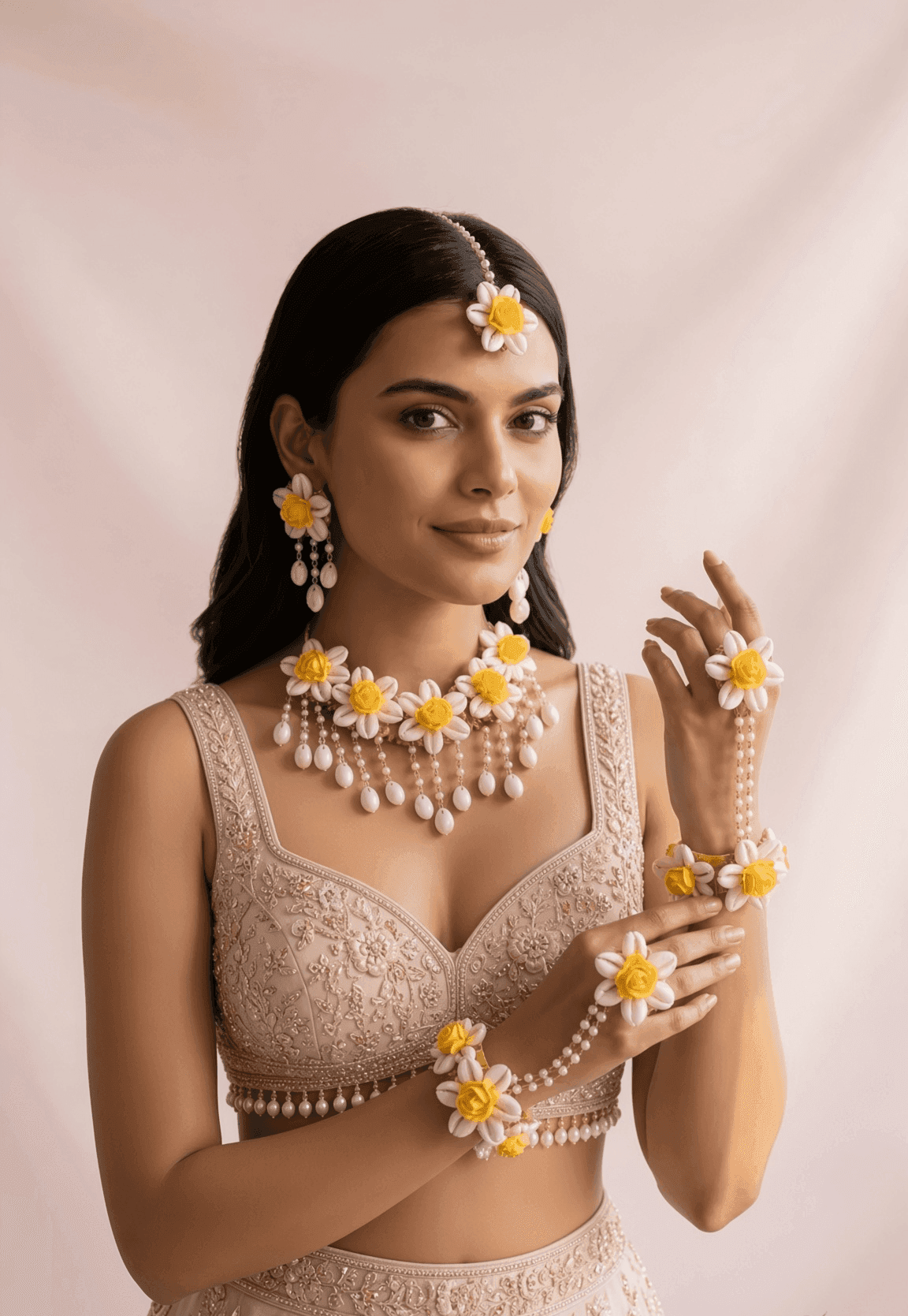 Yellow Rose Cowrie Shell Jewellery Set for Haldi & Mehndi Brides