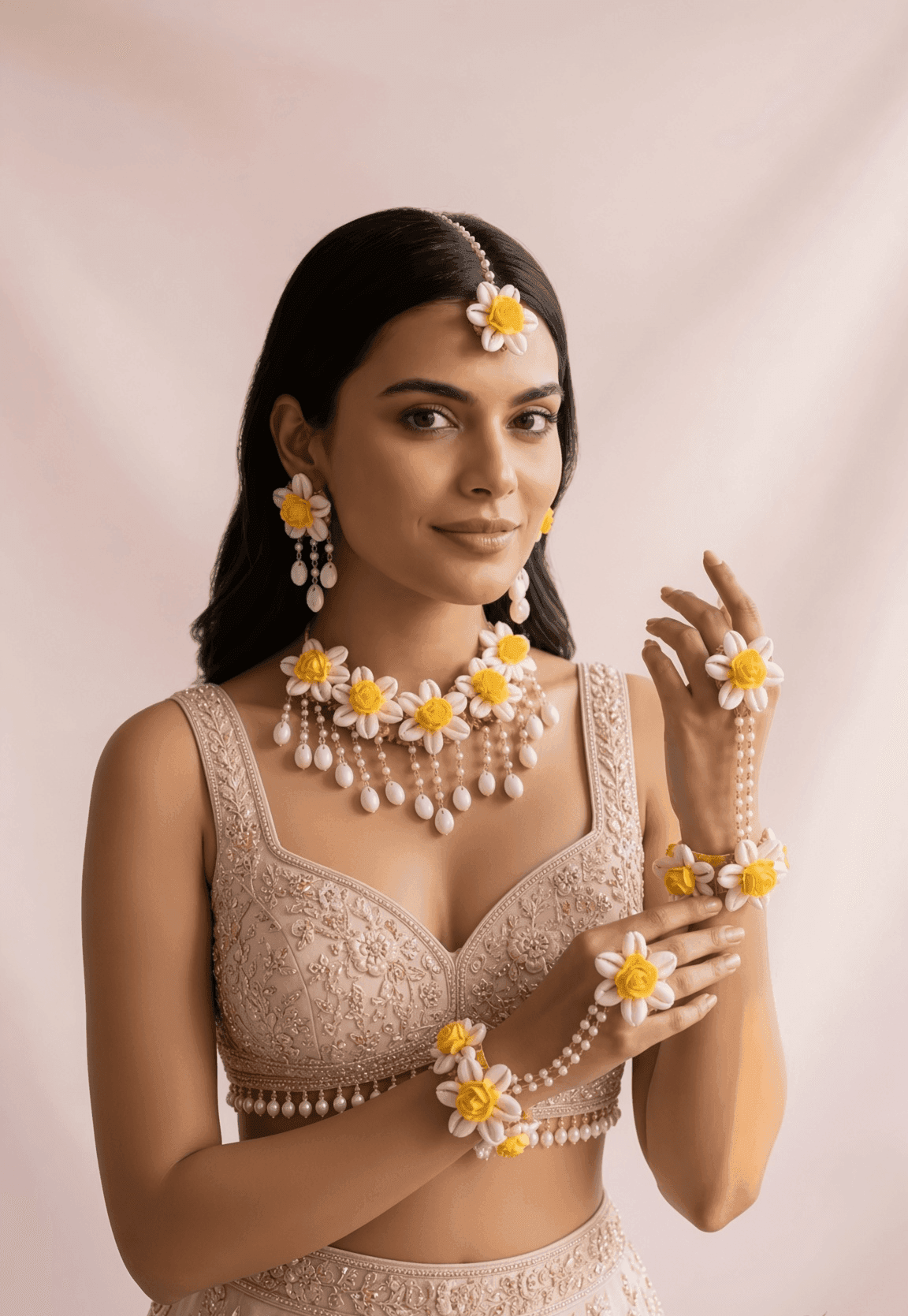 Yellow Rose Cowrie Shell Jewellery Set for Haldi & Mehndi Brides