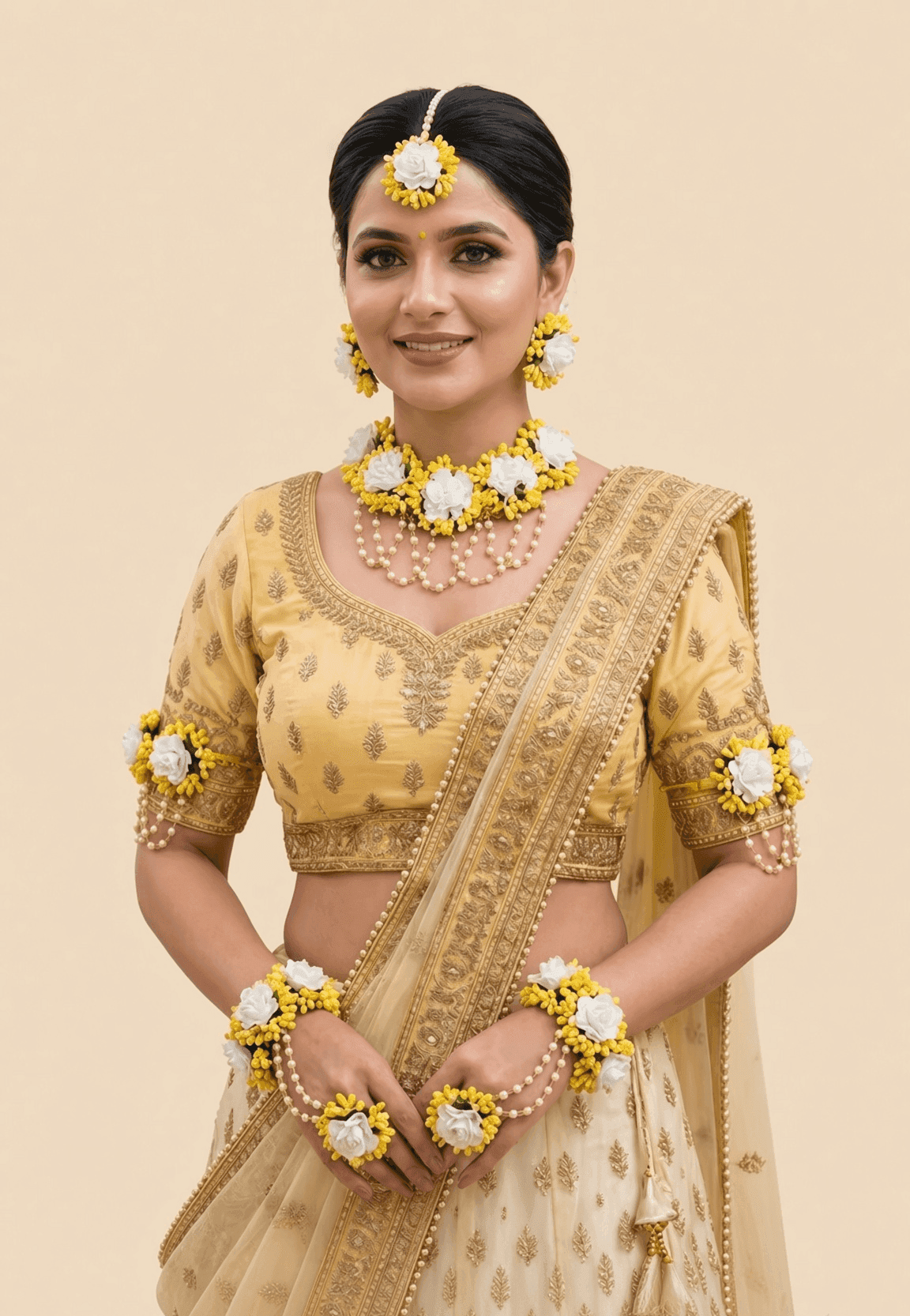 Traditional Flower Themed Yellow & Pink Haldi Bridal Jewellery Set