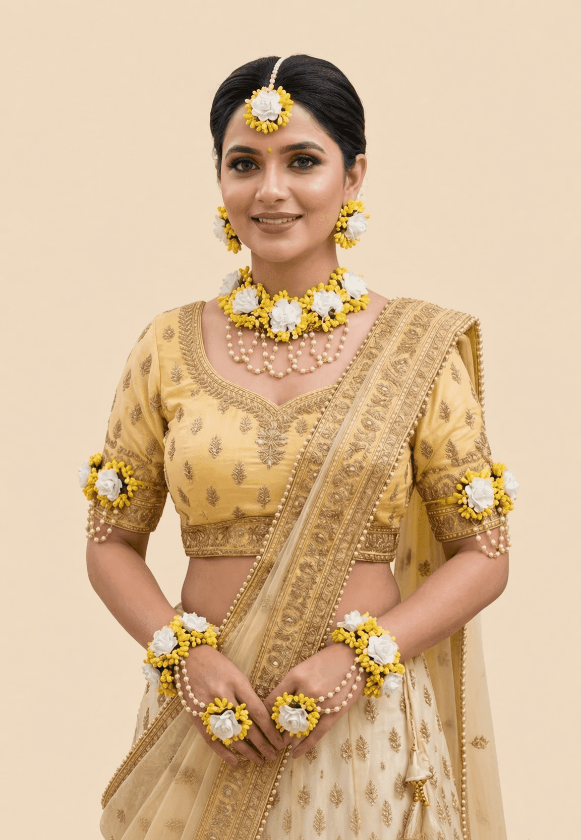 Traditional Flower Themed Yellow & Pink Haldi Bridal Jewellery Set