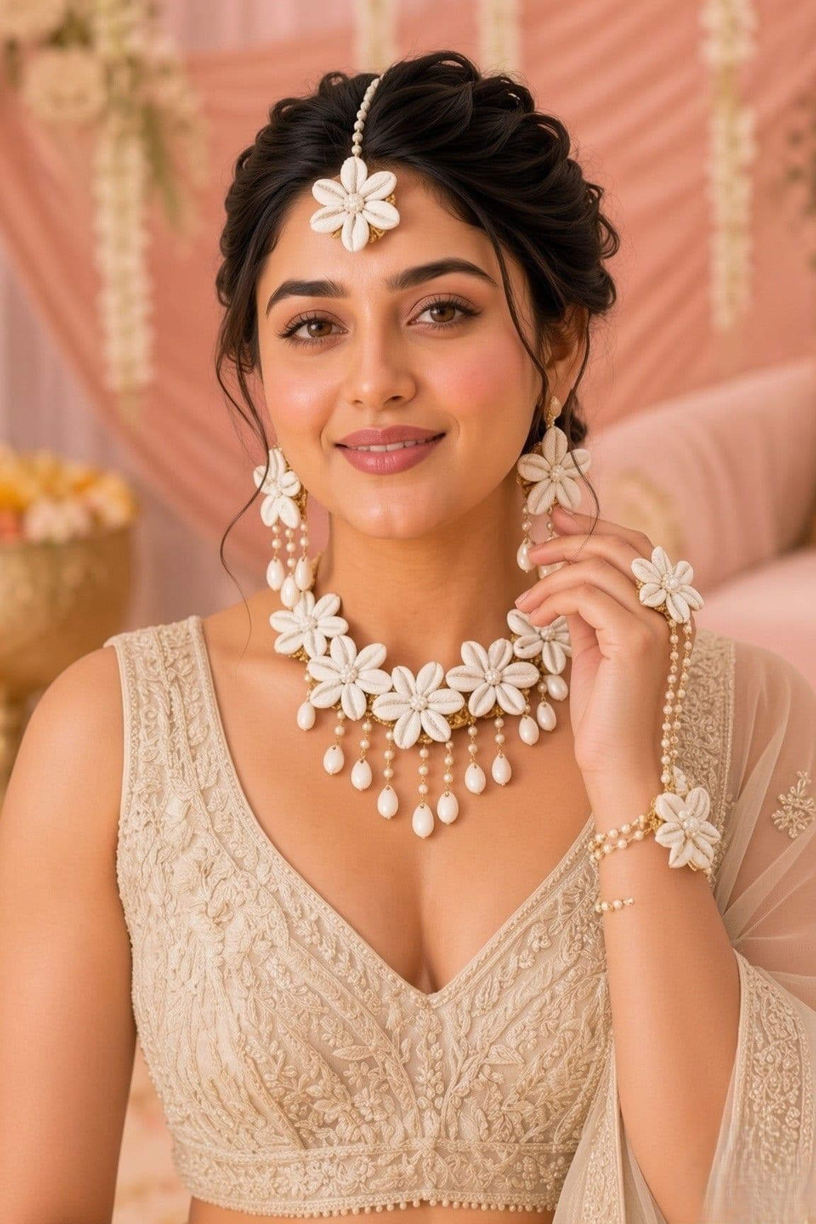 White Blooms Seashell Bridal Haldi-Mehndi Jewellery Ensemble