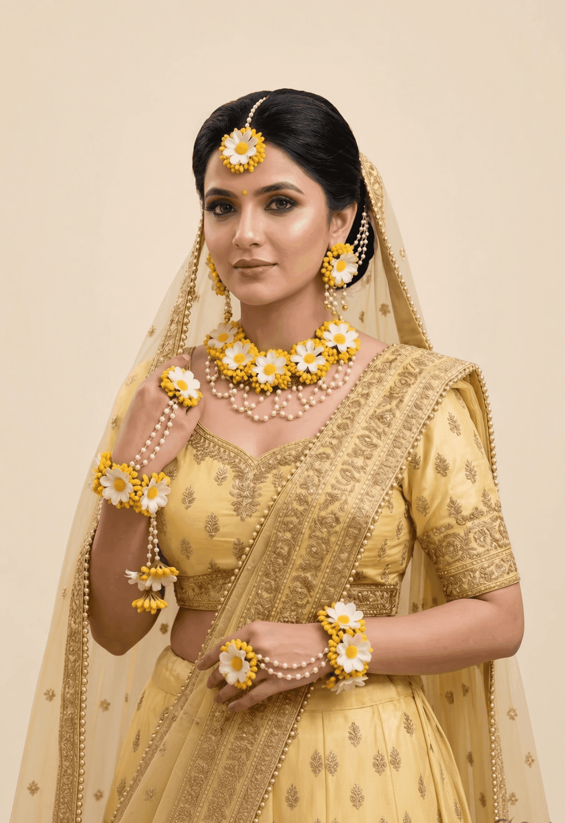 Glowing Haldi Blossom: Handcrafted Yellow-White Pearl Bridal Jewelry