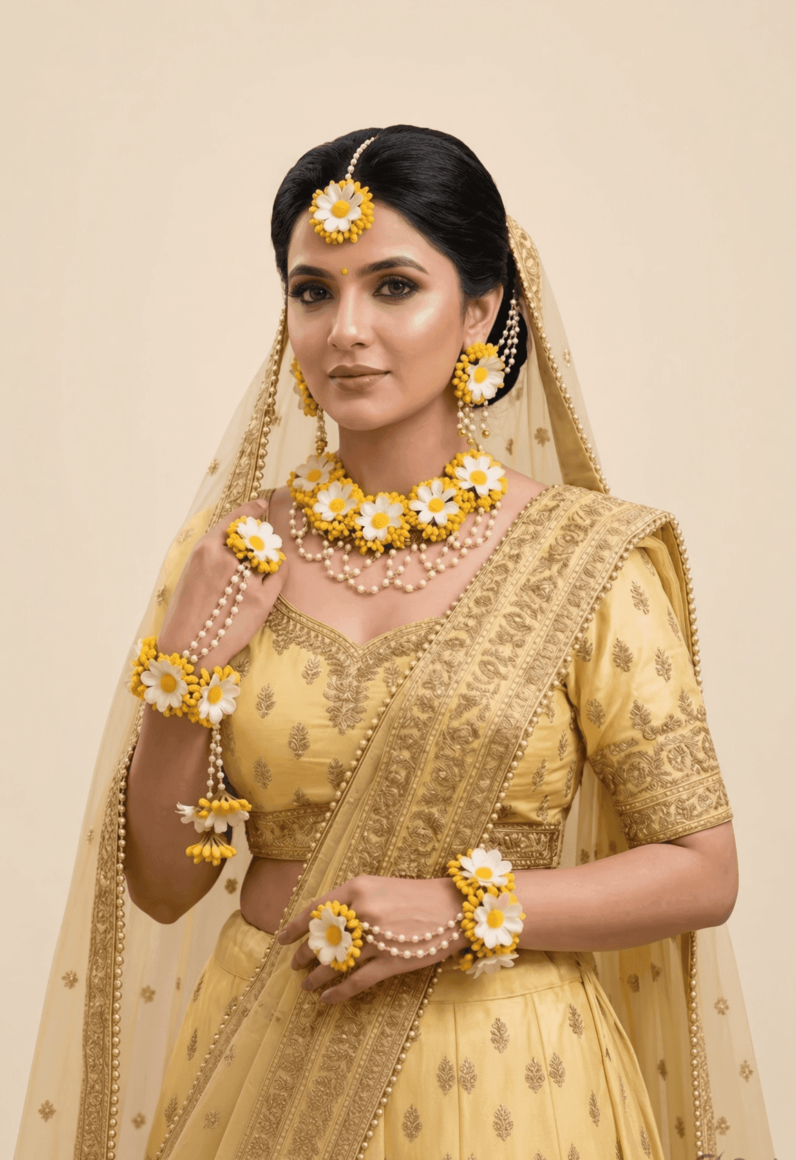 Glowing Haldi Blossom: Handcrafted Yellow-White Pearl Bridal Jewelry