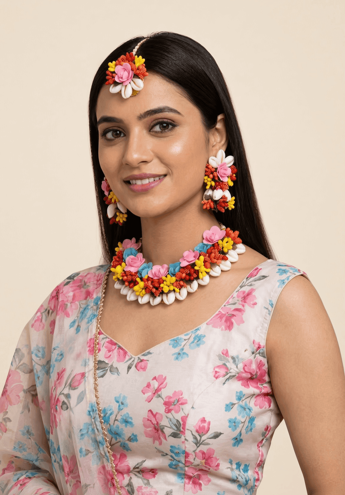 Handmade Multicolor Floral Cowrie Shell Haldi Jewellery Set for Brides