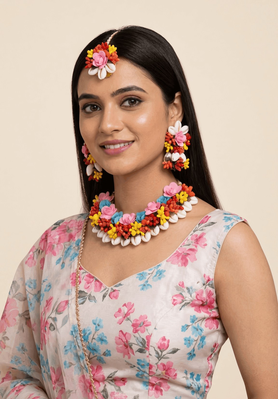 Handmade Multicolor Floral Cowrie Shell Haldi Jewellery Set for Brides