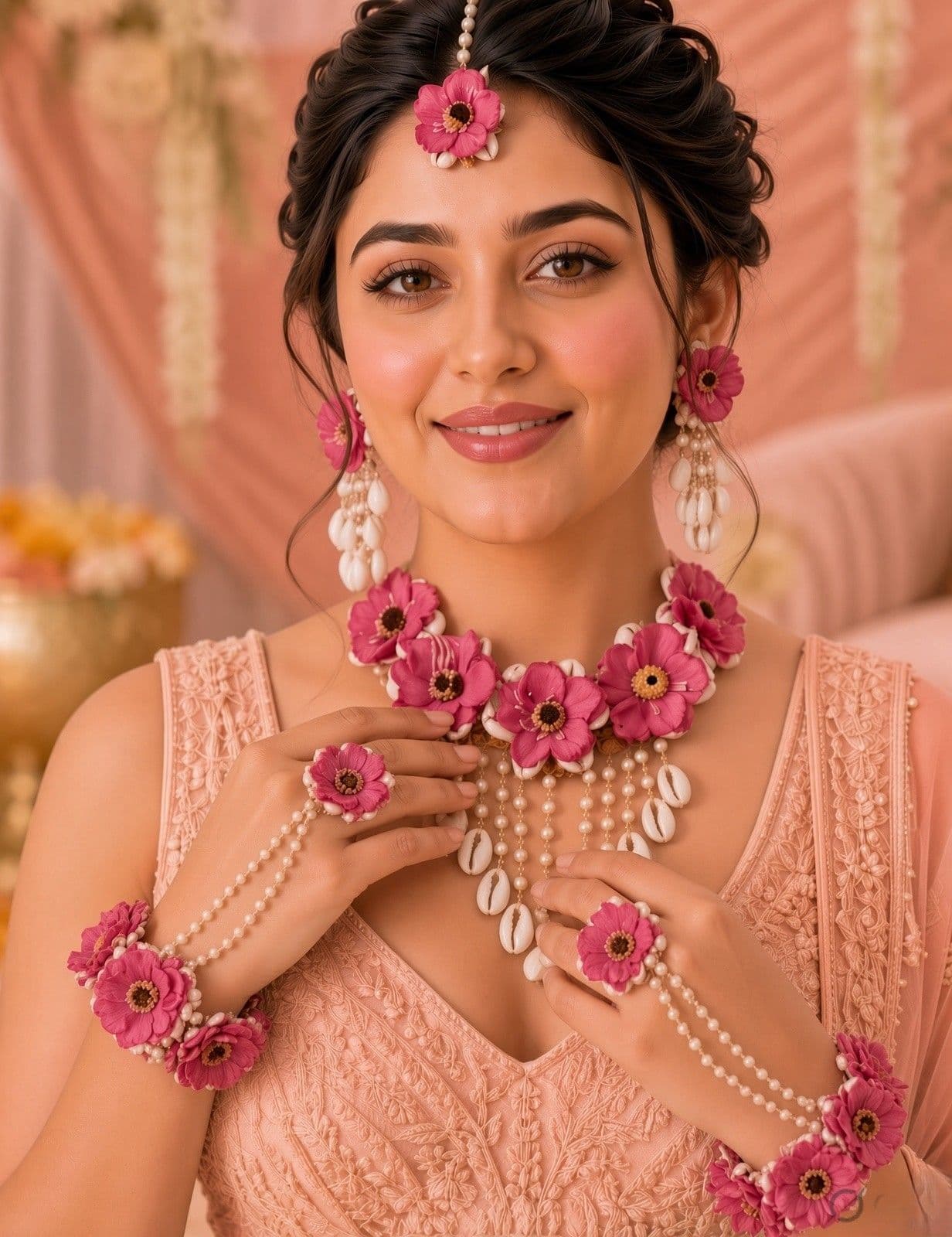 Pink Floral: Handcrafted Cowrie Shell Haldi Bridal Jewelry Set