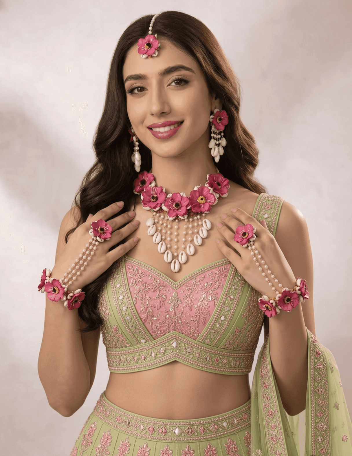 Pink Floral: Handcrafted Cowrie Shell Haldi Bridal Jewelry Set