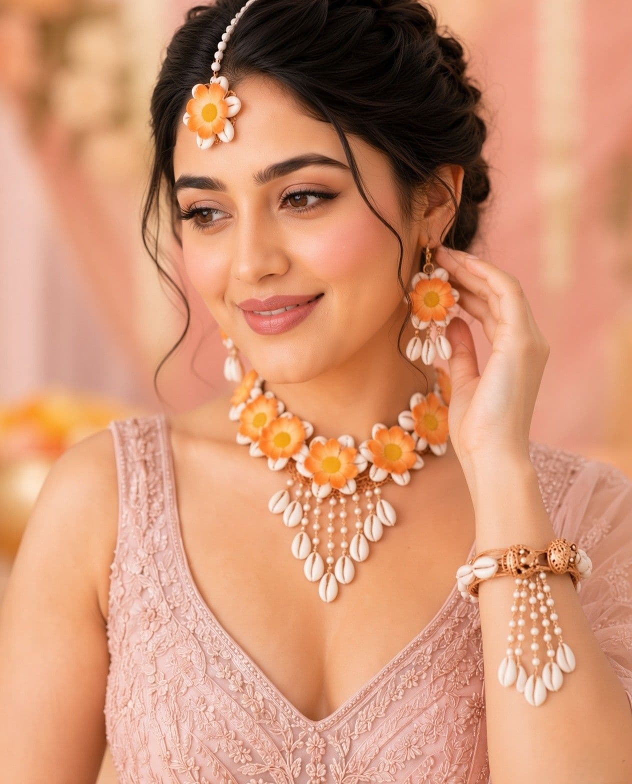 Bridal Orange Blossom Pearl-Decked Cowrie Shell Set for Haldi