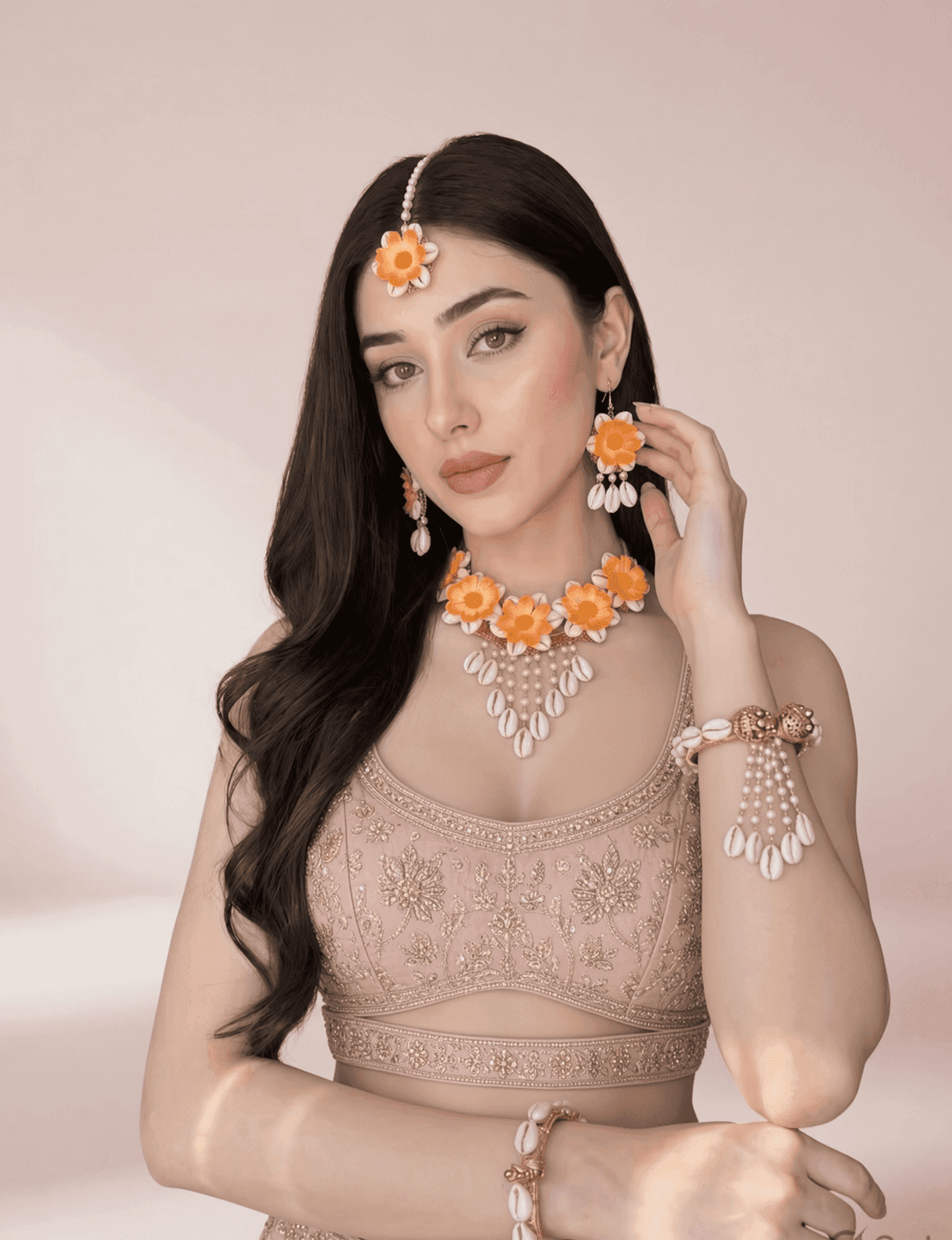 Bridal Orange Blossom Pearl-Decked Cowrie Shell Set for Haldi