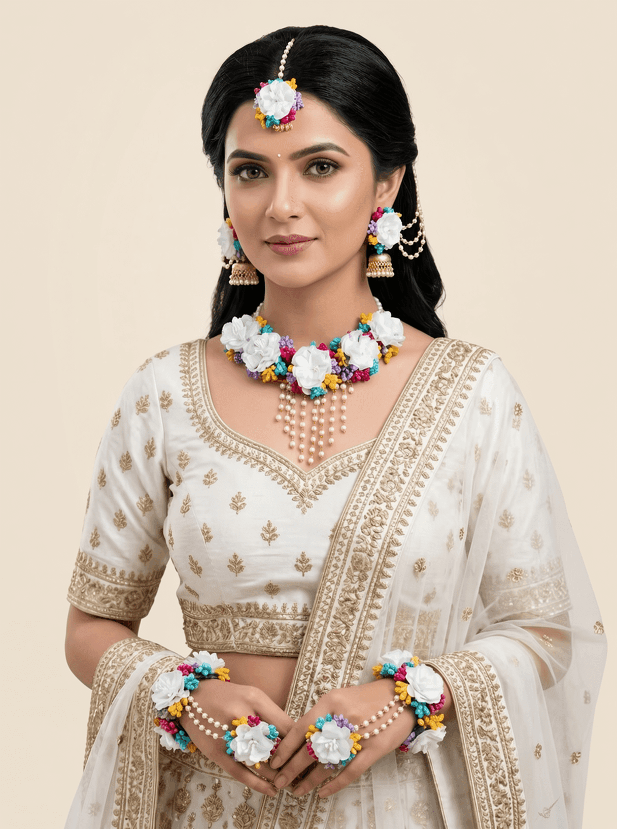 White Floral Haldi and Mehndi Jewelry Set for Women
