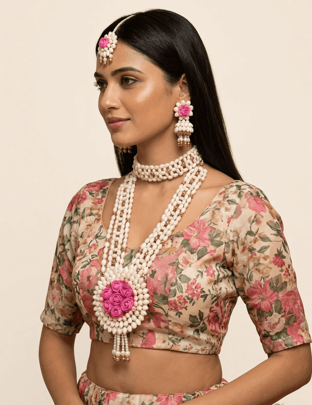 Handcrafted Pink Rose and Pearl Jewellery Set for Brides and Bridesmaids