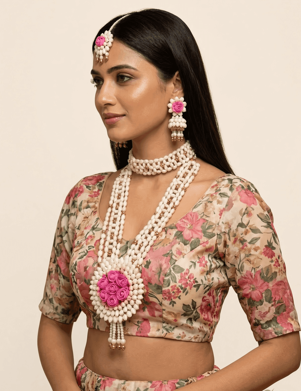 Handcrafted Pink Rose and Pearl Jewellery Set for Brides and Bridesmaids