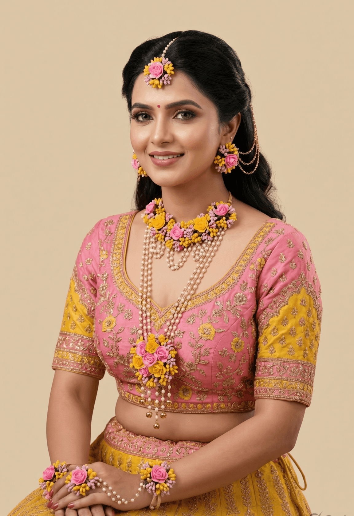 Yellow-Pink Flower Jewellery Set for Haldi, Baby Shower