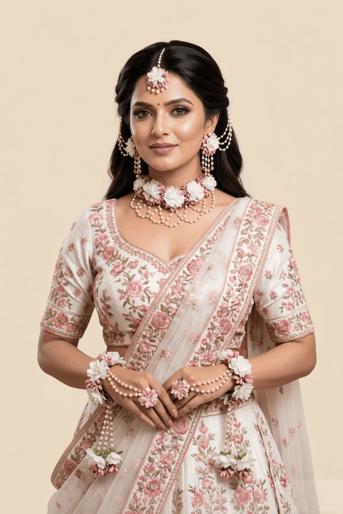 Peach-White Floral Jewelry for Haldi-Mehndi Baby Shower