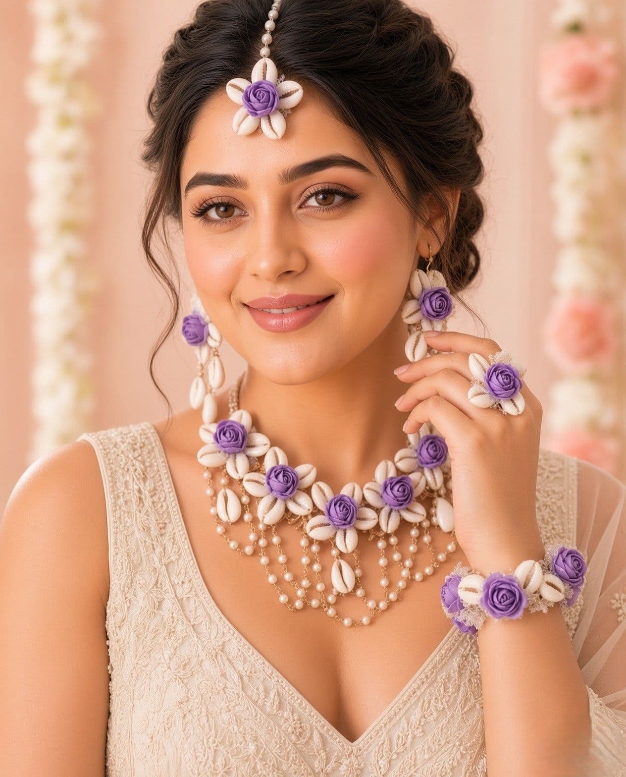 Lavender Bloom Sea Shell Jewelry Set for Chic Haldi Mehndi