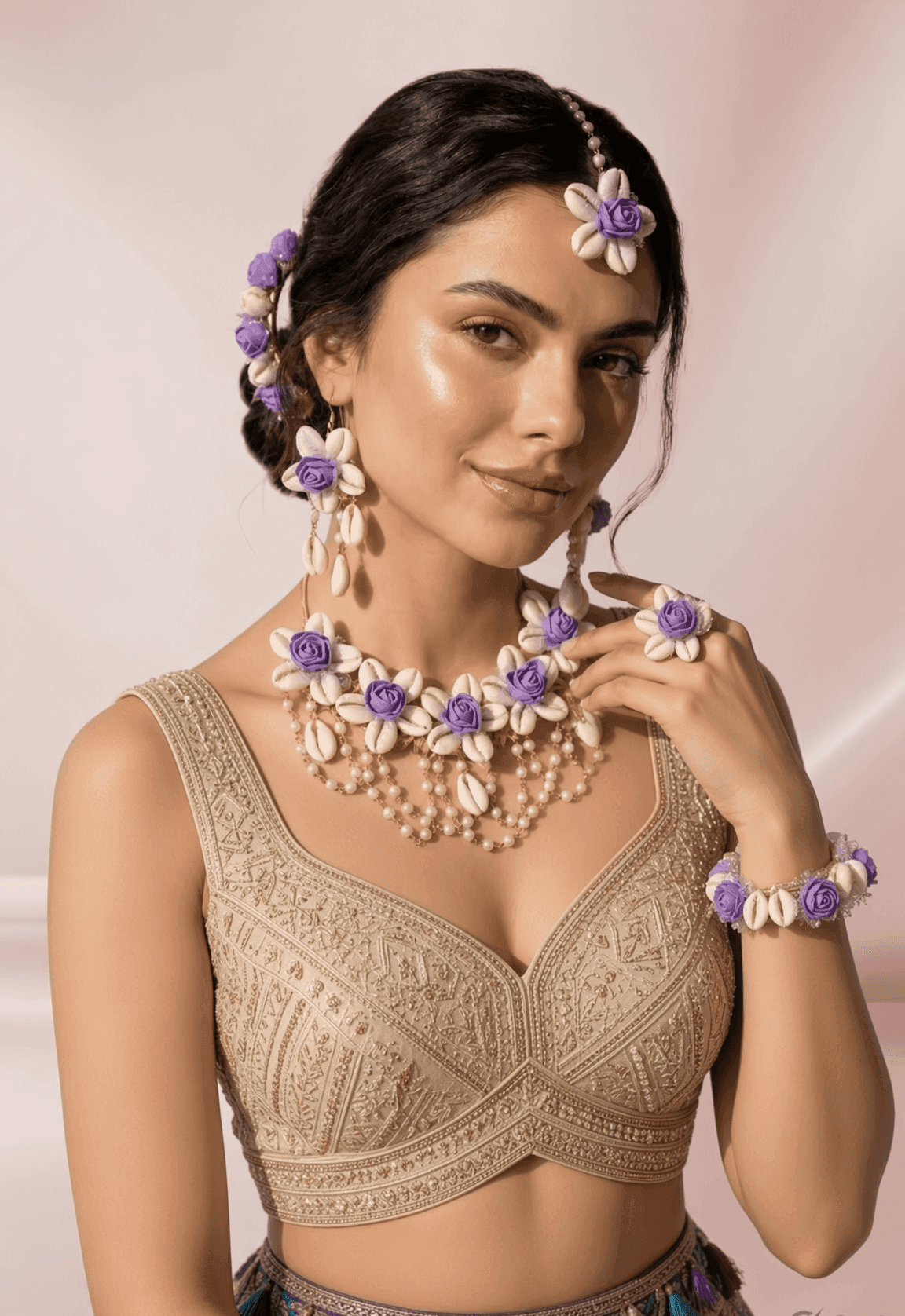 Lavender Bloom Sea Shell Jewelry Set for Chic Haldi Mehndi