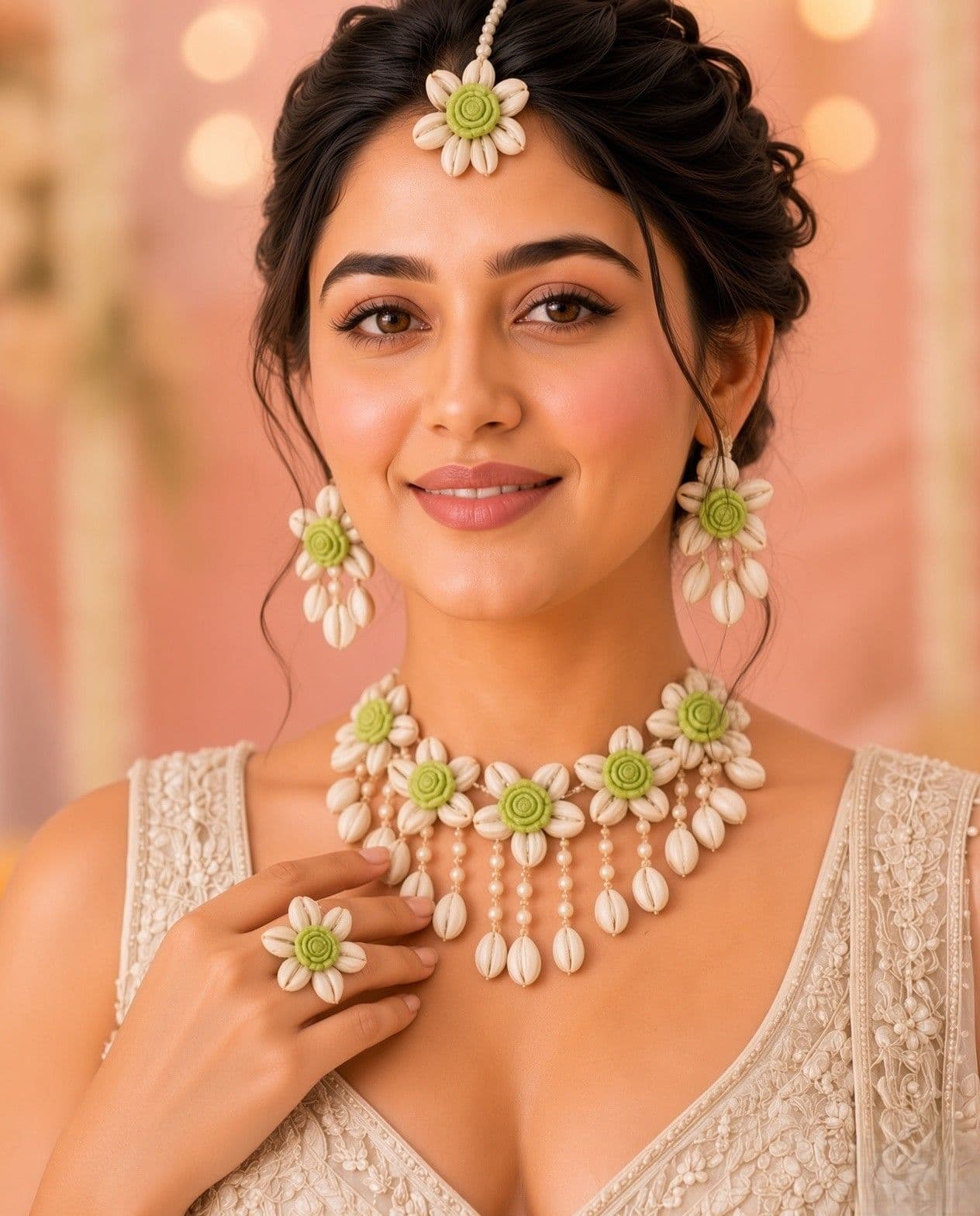 Lime Floral Cowrie Shell Bridal Jewellery Set for Mehendi
