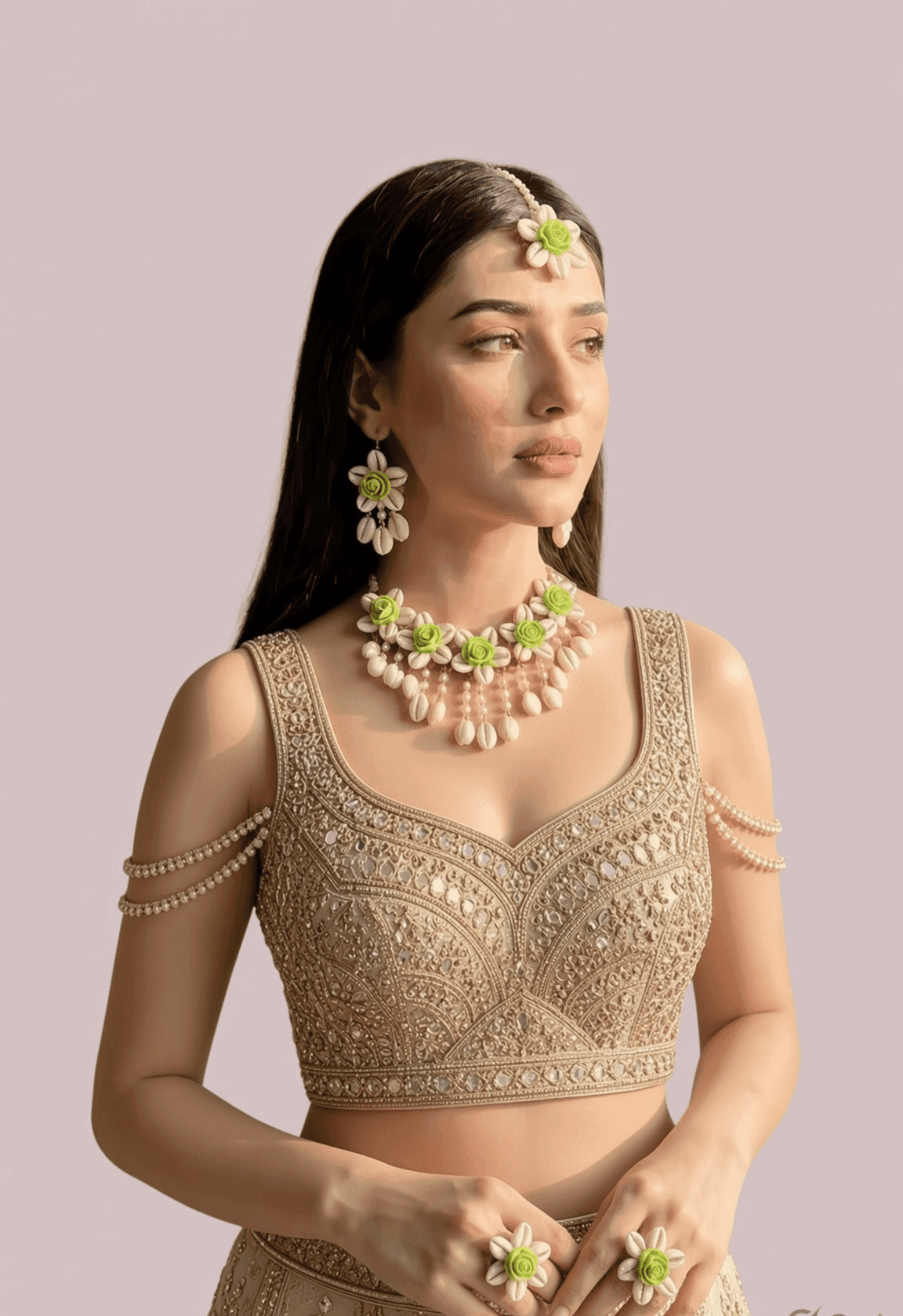 Lime Floral Cowrie Shell Bridal Jewellery Set for Mehendi