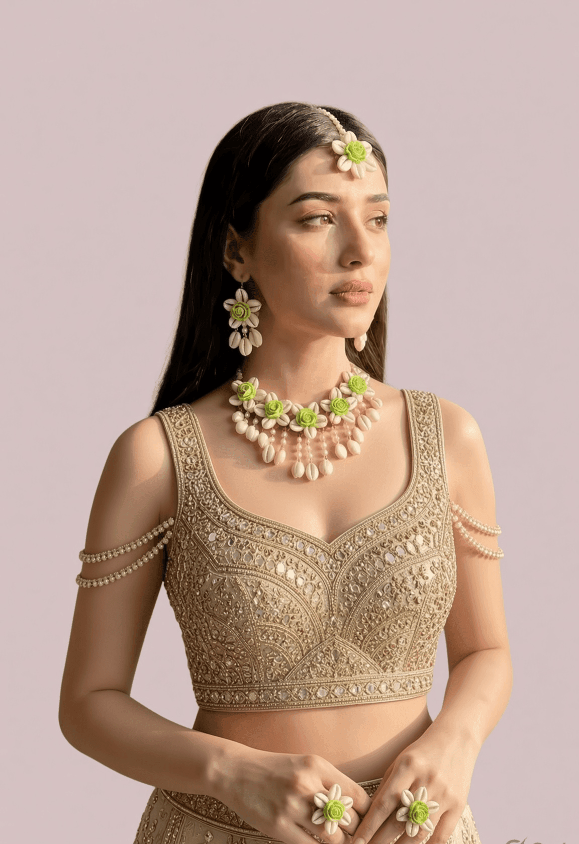Lime Floral Cowrie Shell Bridal Jewellery Set for Mehendi