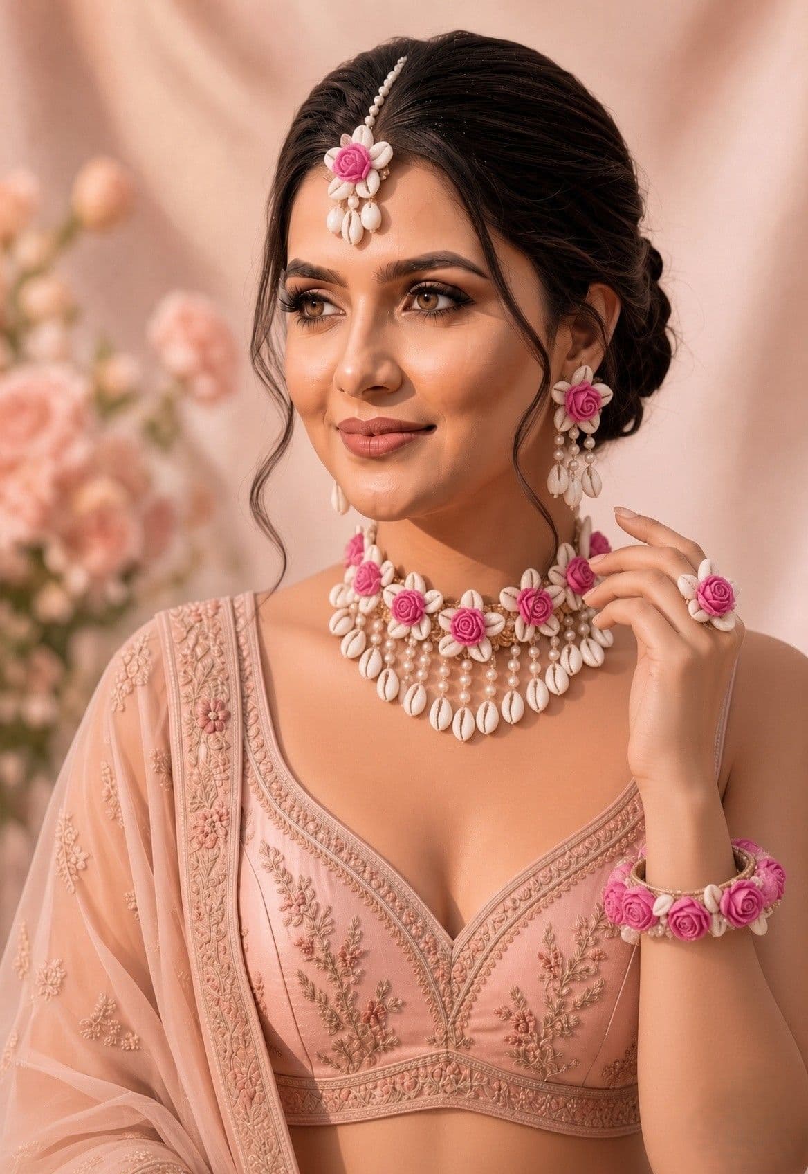 Pink Blossom & Cowrie Shell Haldi Bridal Jewelry Set for Fashionistas
