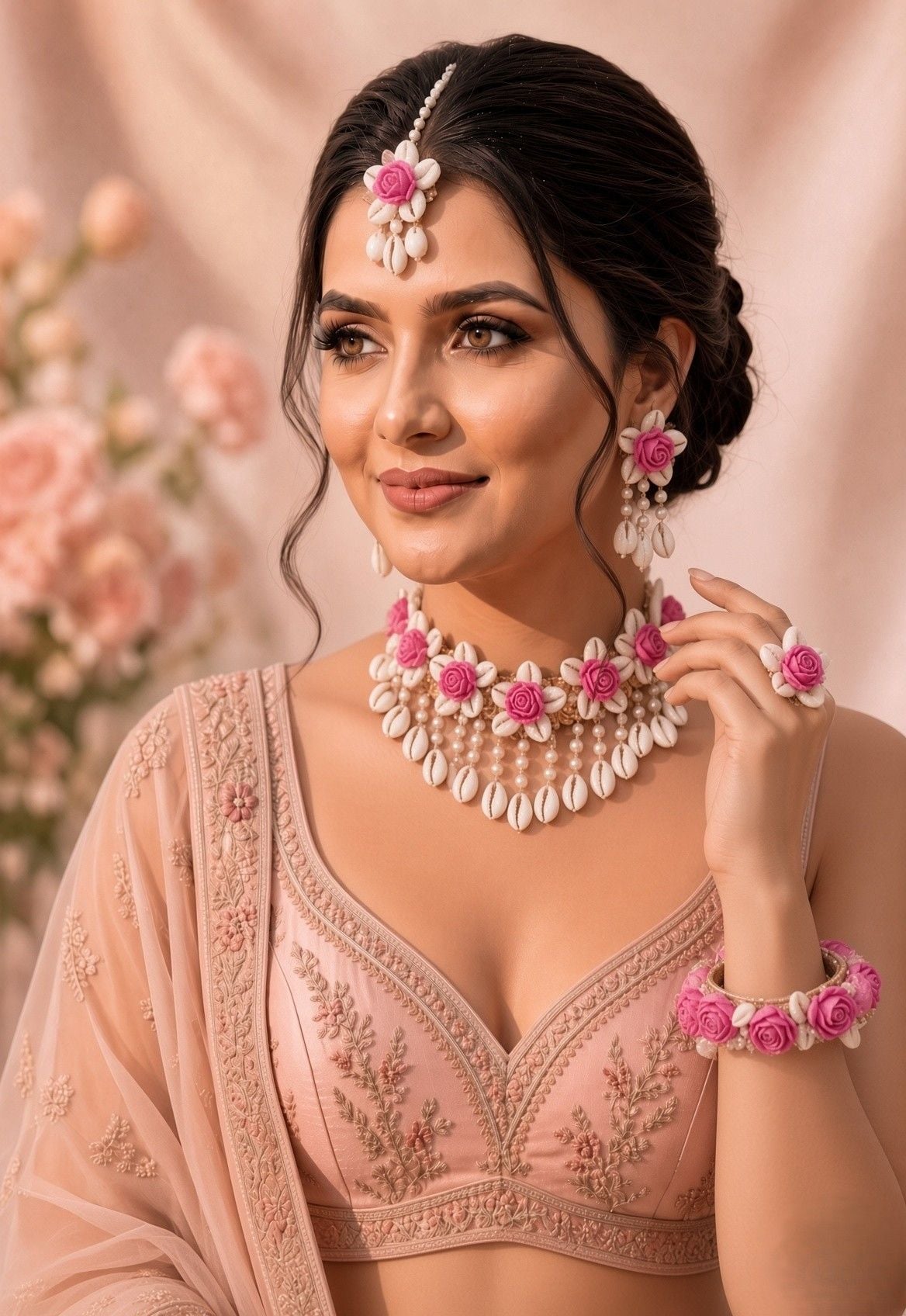 Pink Blossom & Cowrie Shell Haldi Bridal Jewelry Set for Fashionistas