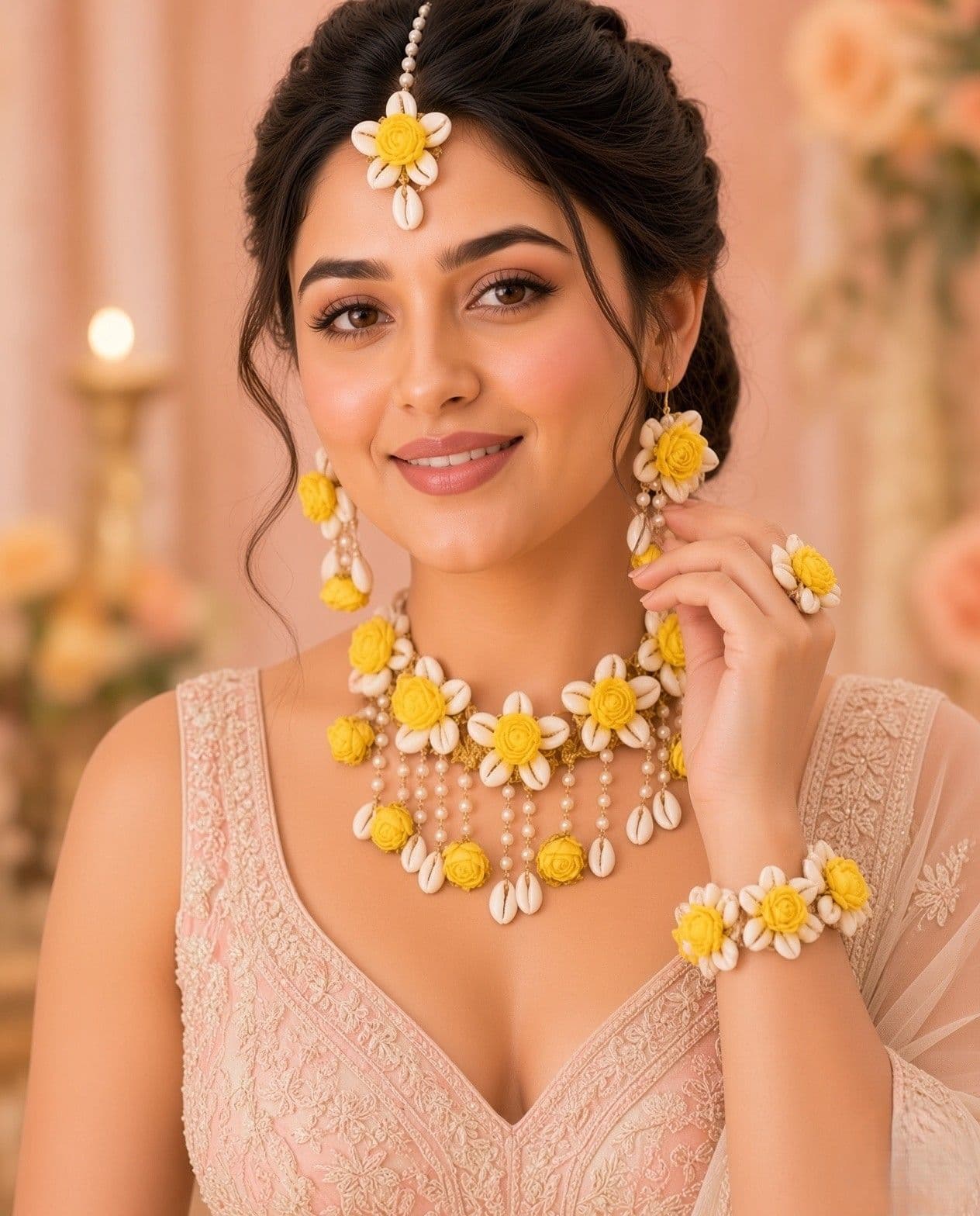 Bridal Bloom: Yellow Flower & Cowrie Shell Jewelry for Haldi