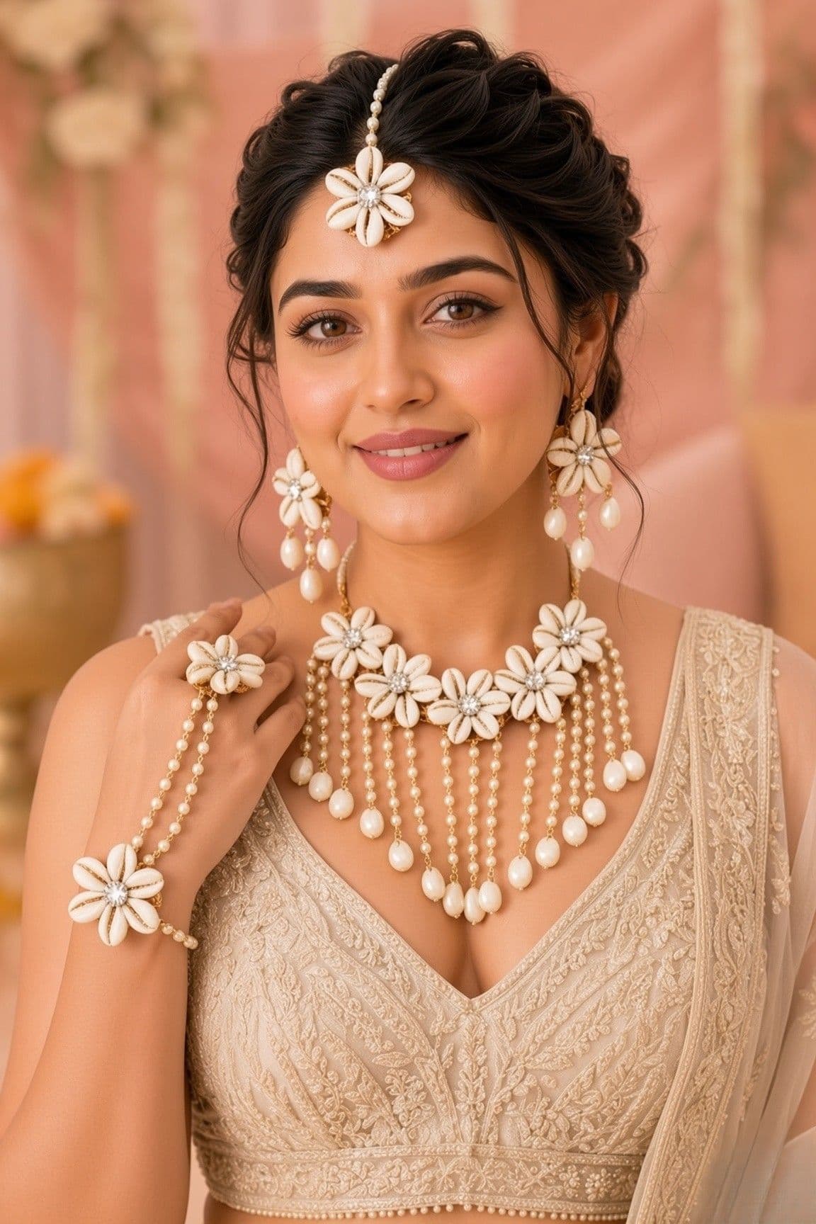 White Floral Cowrie Shell Jewellery Set for Bridal Wear