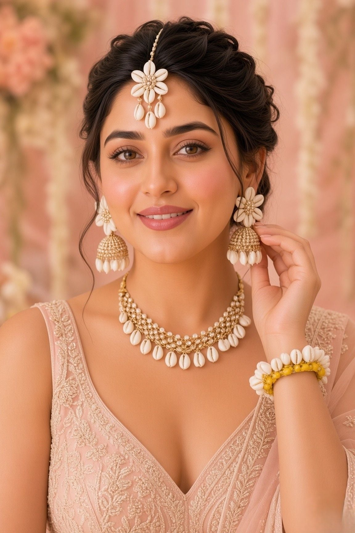 Handmade Yellow & White Sea Shell Jewellery Set for Haldi Ceremony