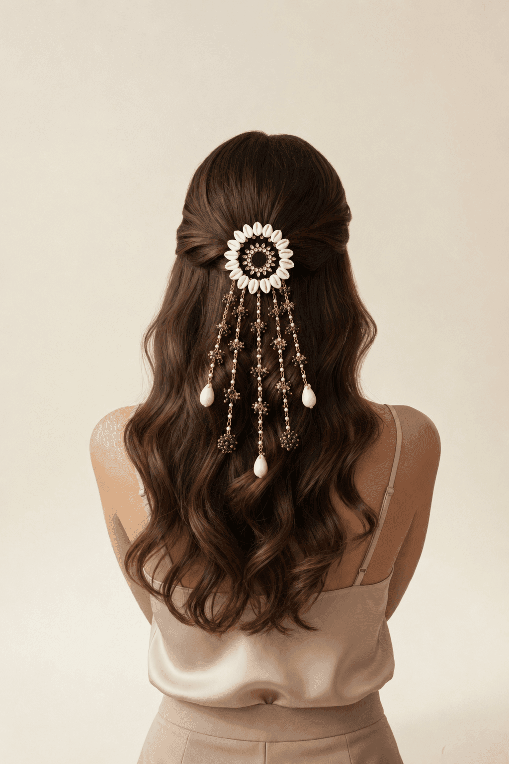 Green Floral Pearl Shell Hair Accessory for Mehndi