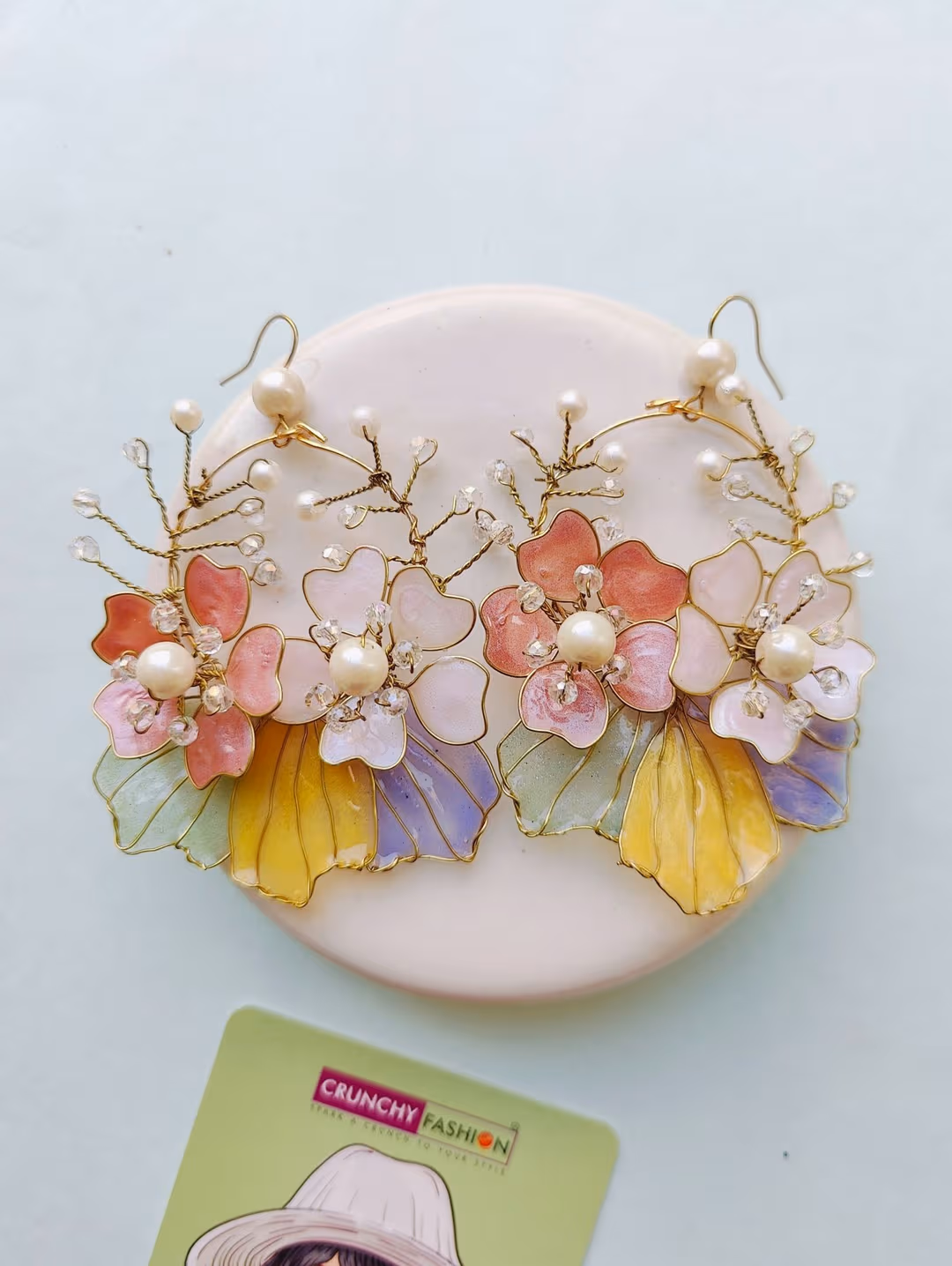 Pastel Multicolor Floral Resin Hoop Earrings with Pearls