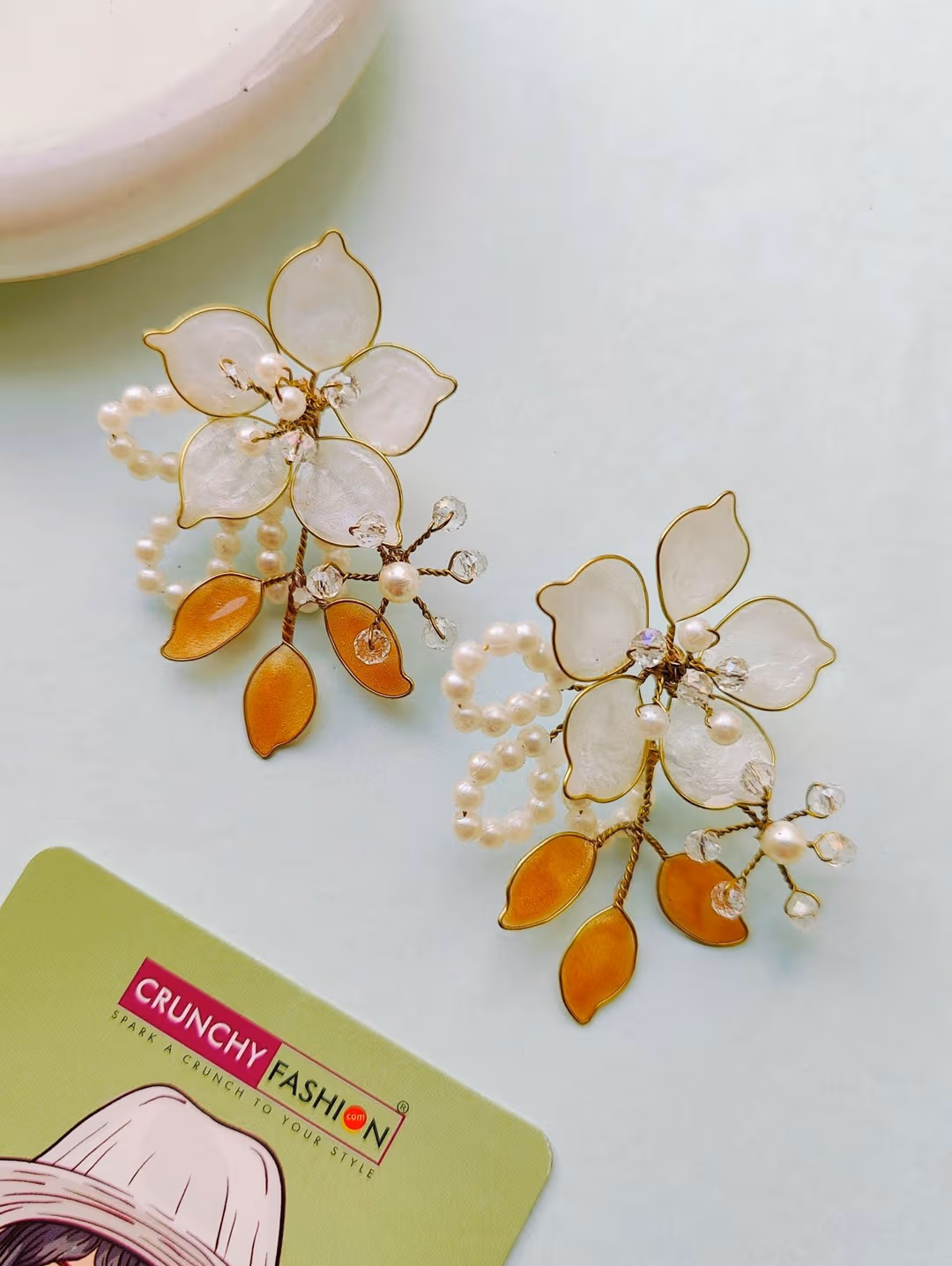 White & Amber Floral Resin Pearl Drop Earrings for Women