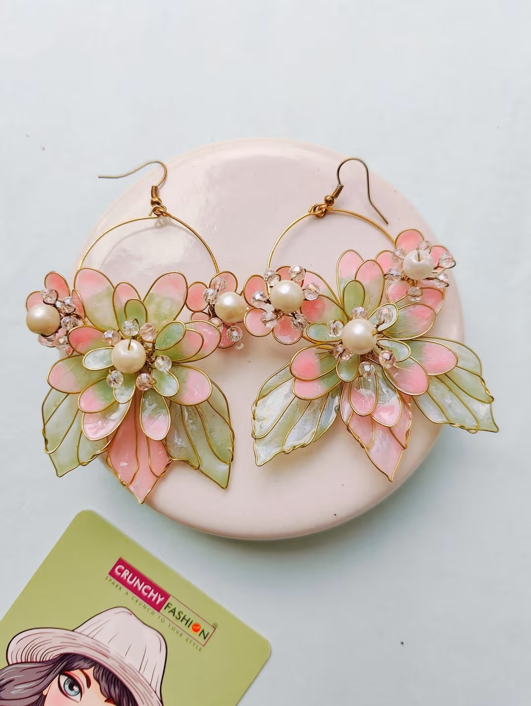 Pink & Green Floral Resin Hoop Earrings with Pearl Accents