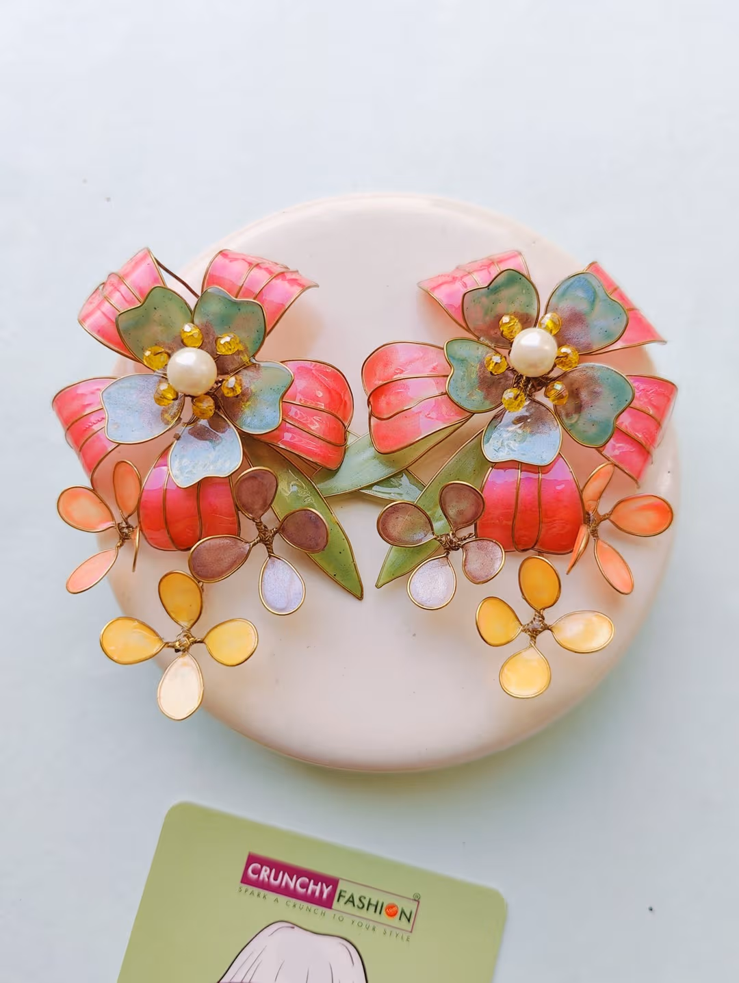 Multicolor Floral Resin Statement Earrings with Pearl Accents