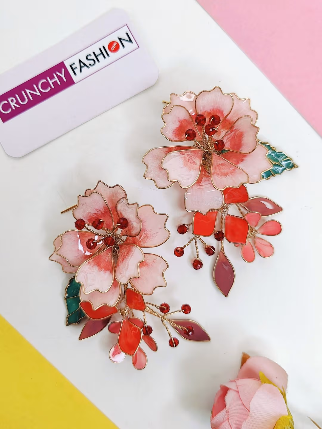 Pink & Red Floral Resin Statement Earrings for Women