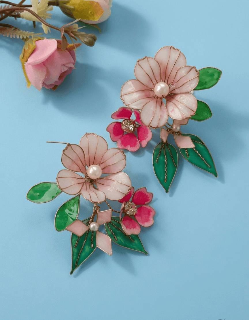 Handmade Baby Pink and Green Floral Resin Earrings