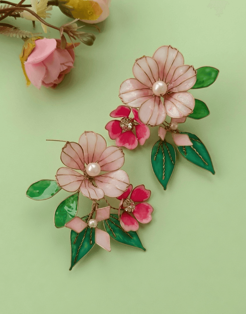 Handmade Baby Pink and Green Floral Resin Earrings