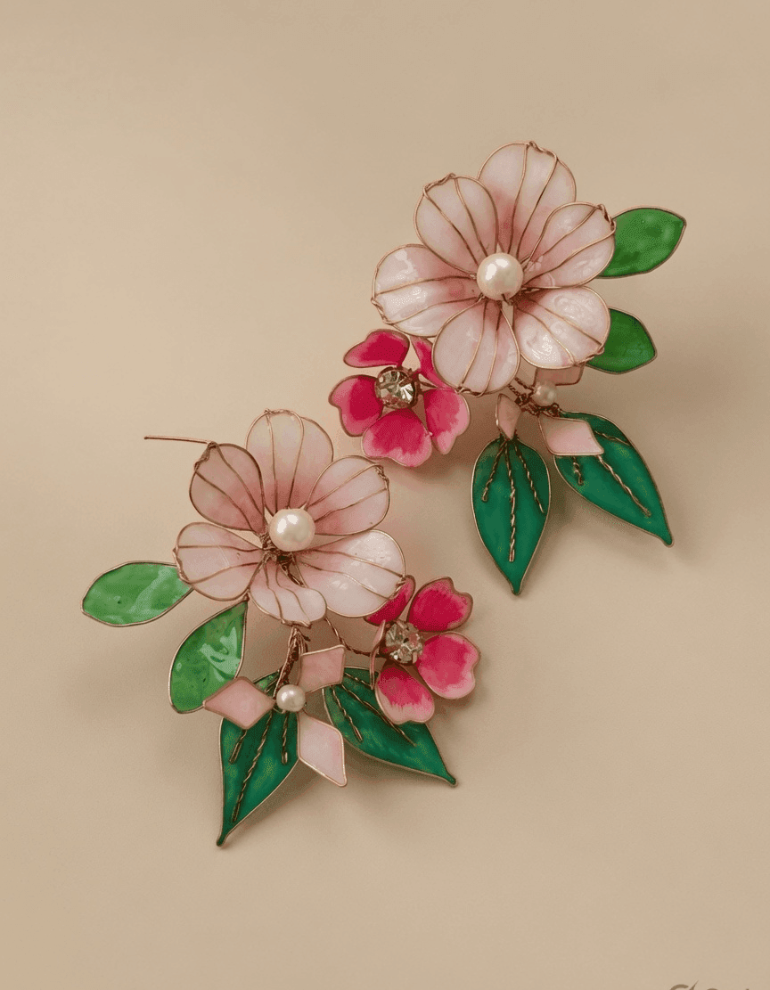 Handmade Baby Pink and Green Floral Resin Earrings