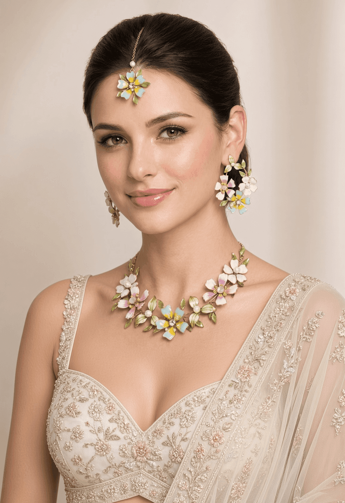 Pastel Floral Resin Jewellery Set with Maang Tikka for Haldi & Mehndi