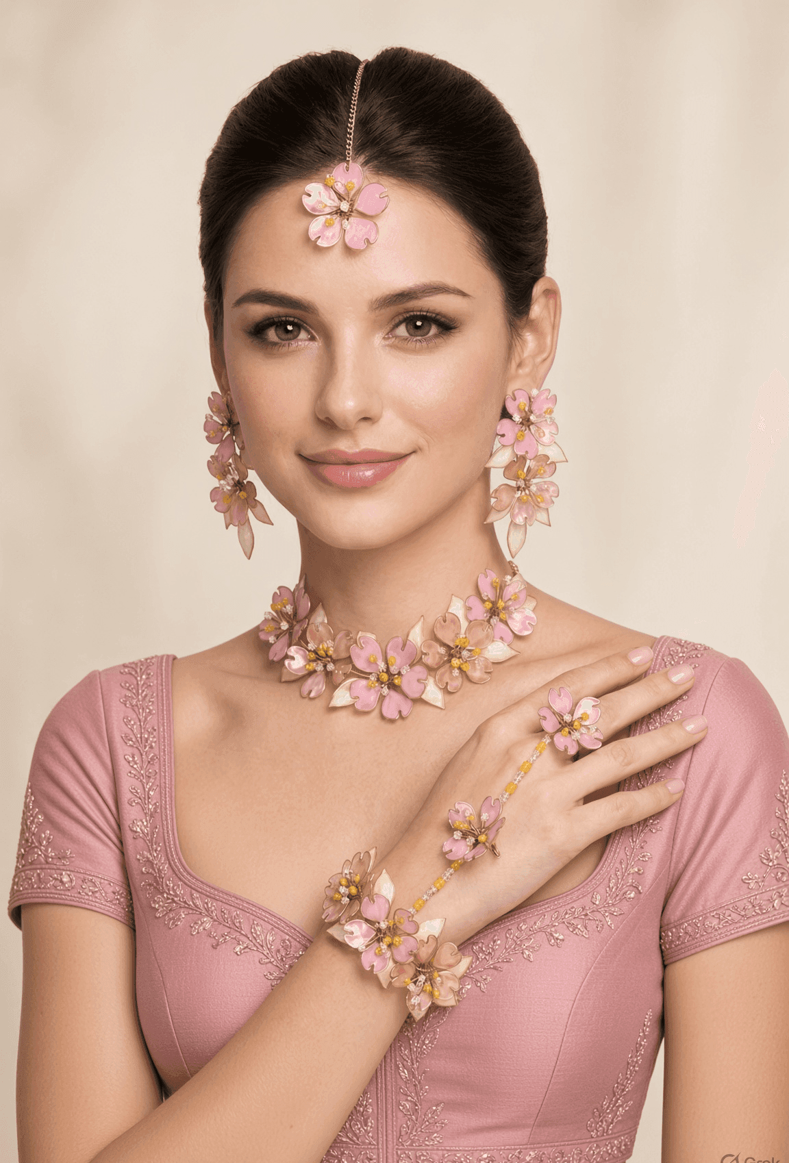 Pink Resin Floral Haldi Jewellery Set for Women with Tikka, Earrings and Hathphool
