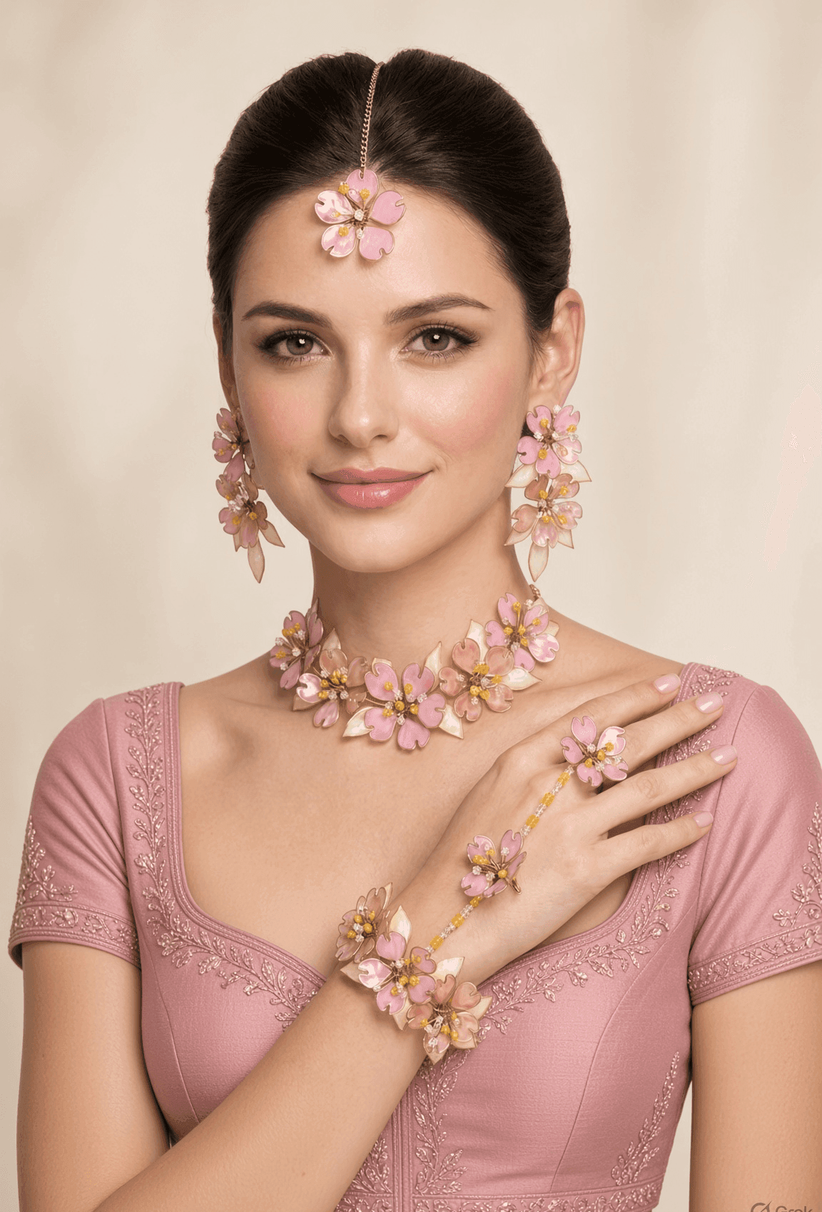 Pink Resin Floral Haldi Jewellery Set for Women with Tikka, Earrings and Hathphool