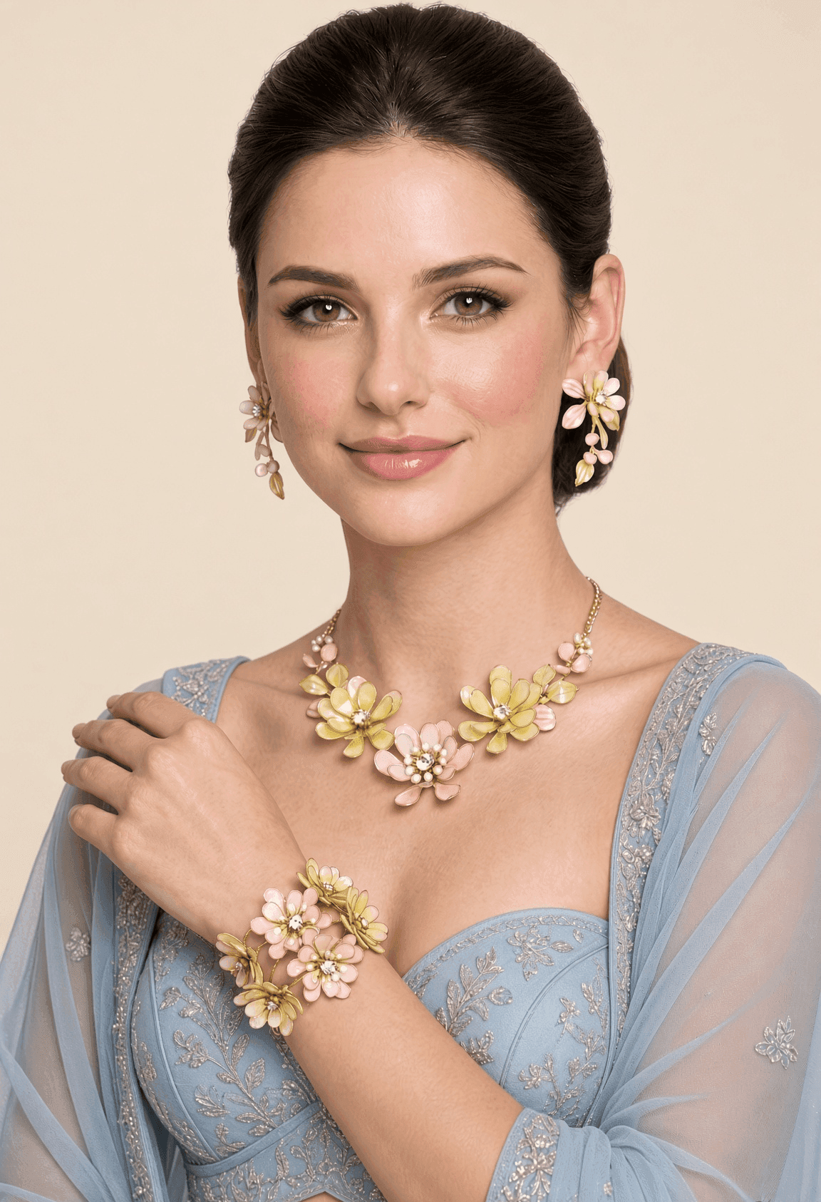 Light Pink and Yellow Resin Floral Haldi Jewellery Set for Women with Earrings