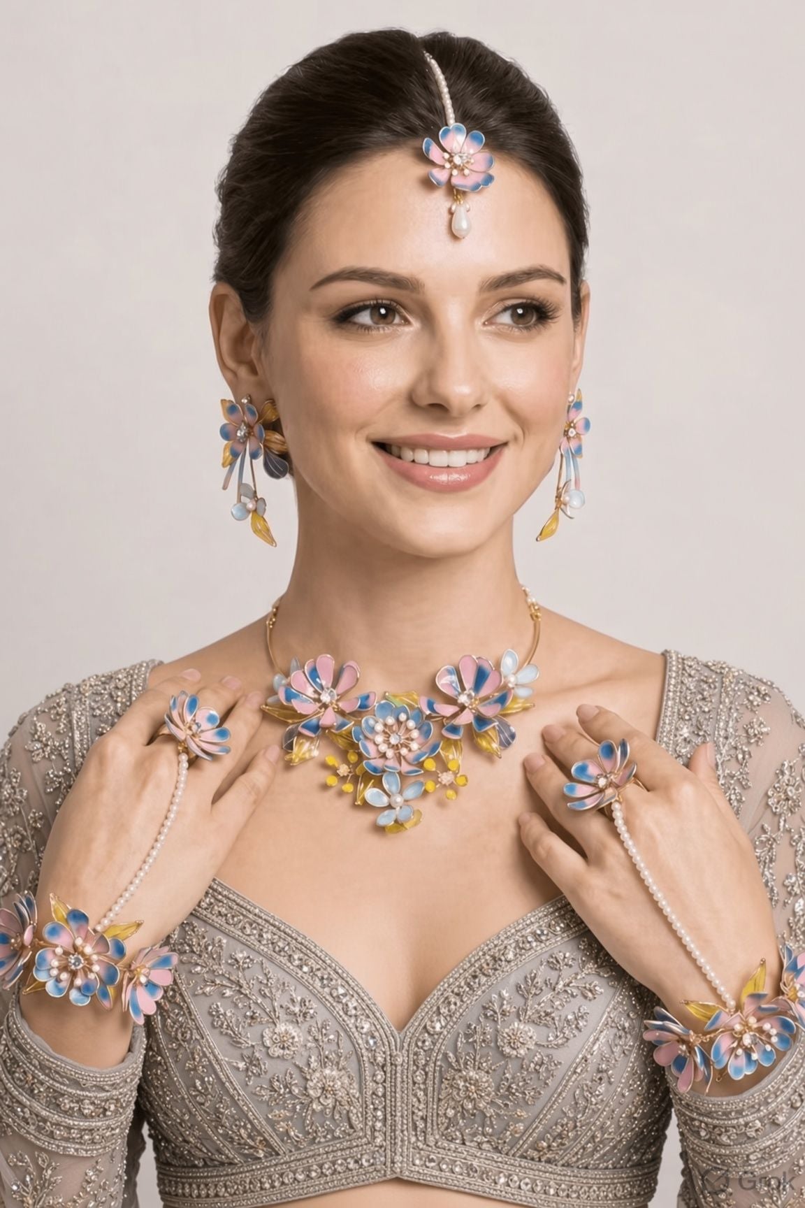 Handcrafted Blue & Pink Resin Flower Jewellery Set for Brides