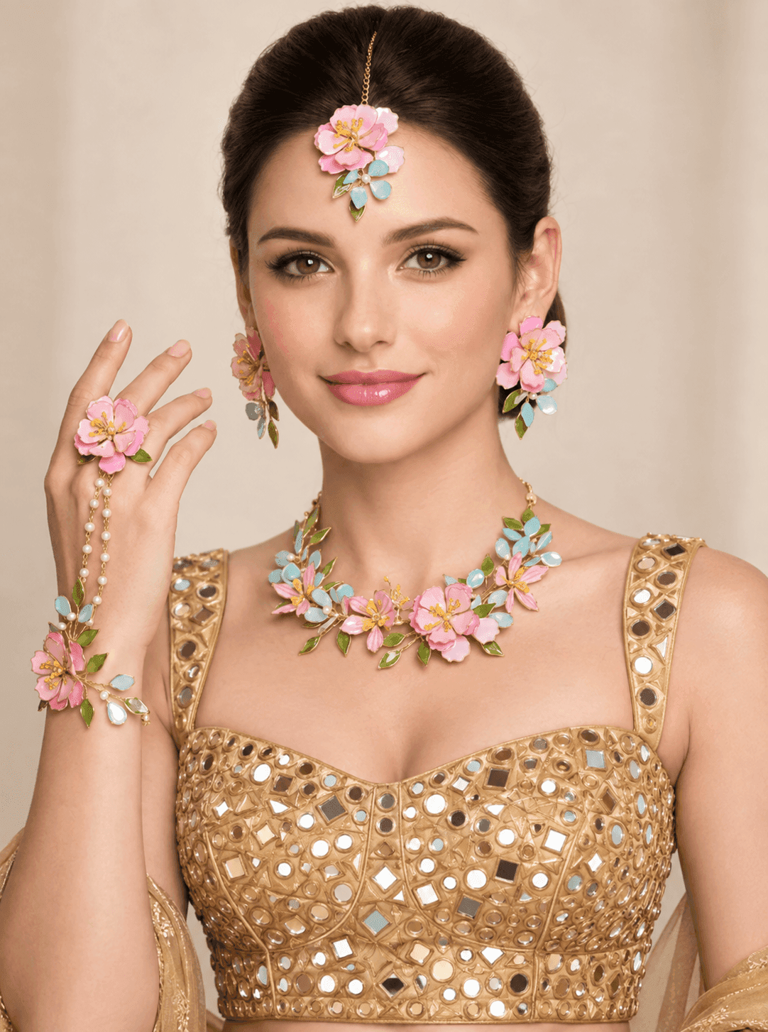 Pink Floral Resin Necklace Set for Haldi Mehndi & Bridal Wear
