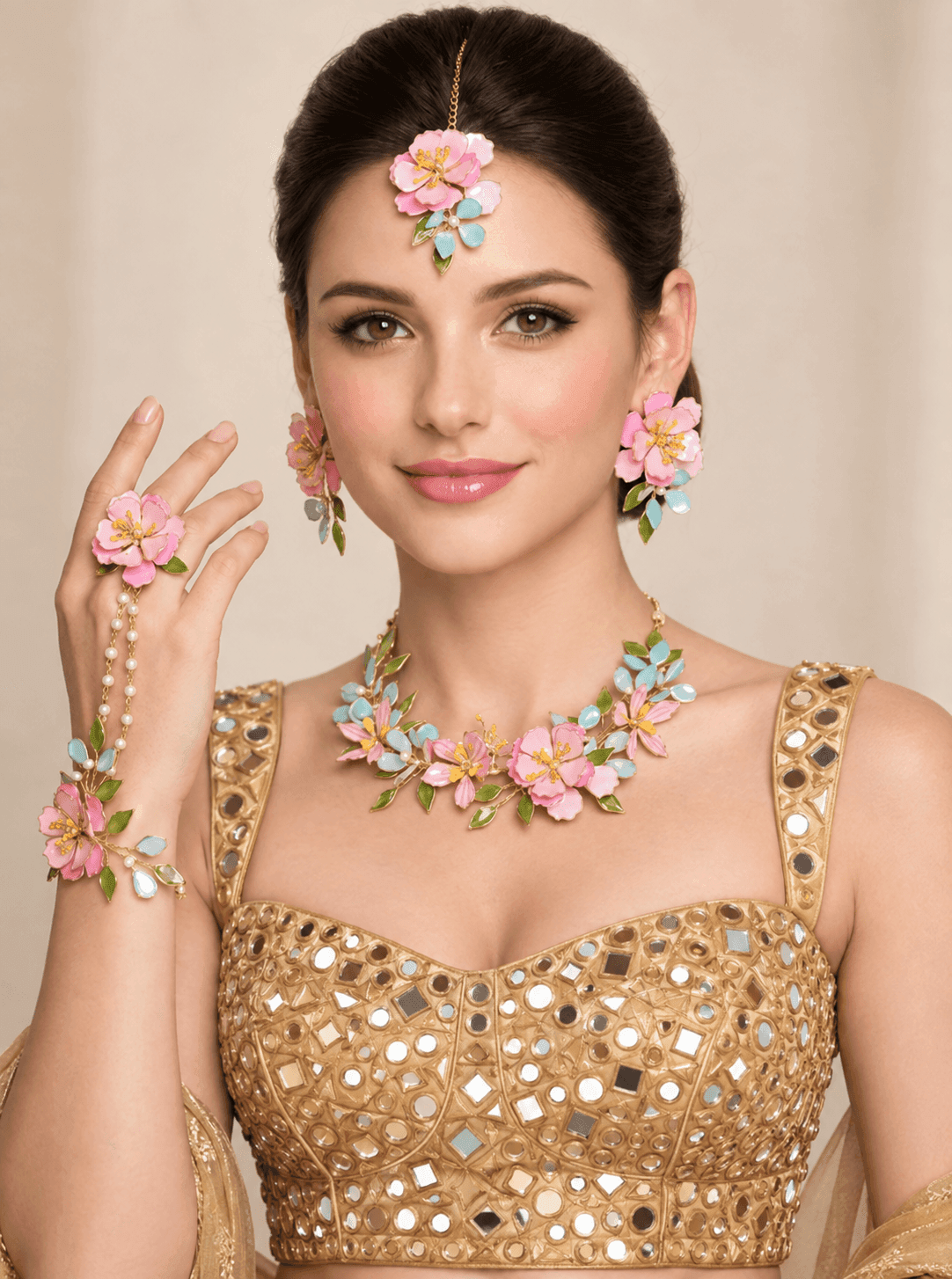 Pink Floral Resin Necklace Set for Haldi Mehndi & Bridal Wear