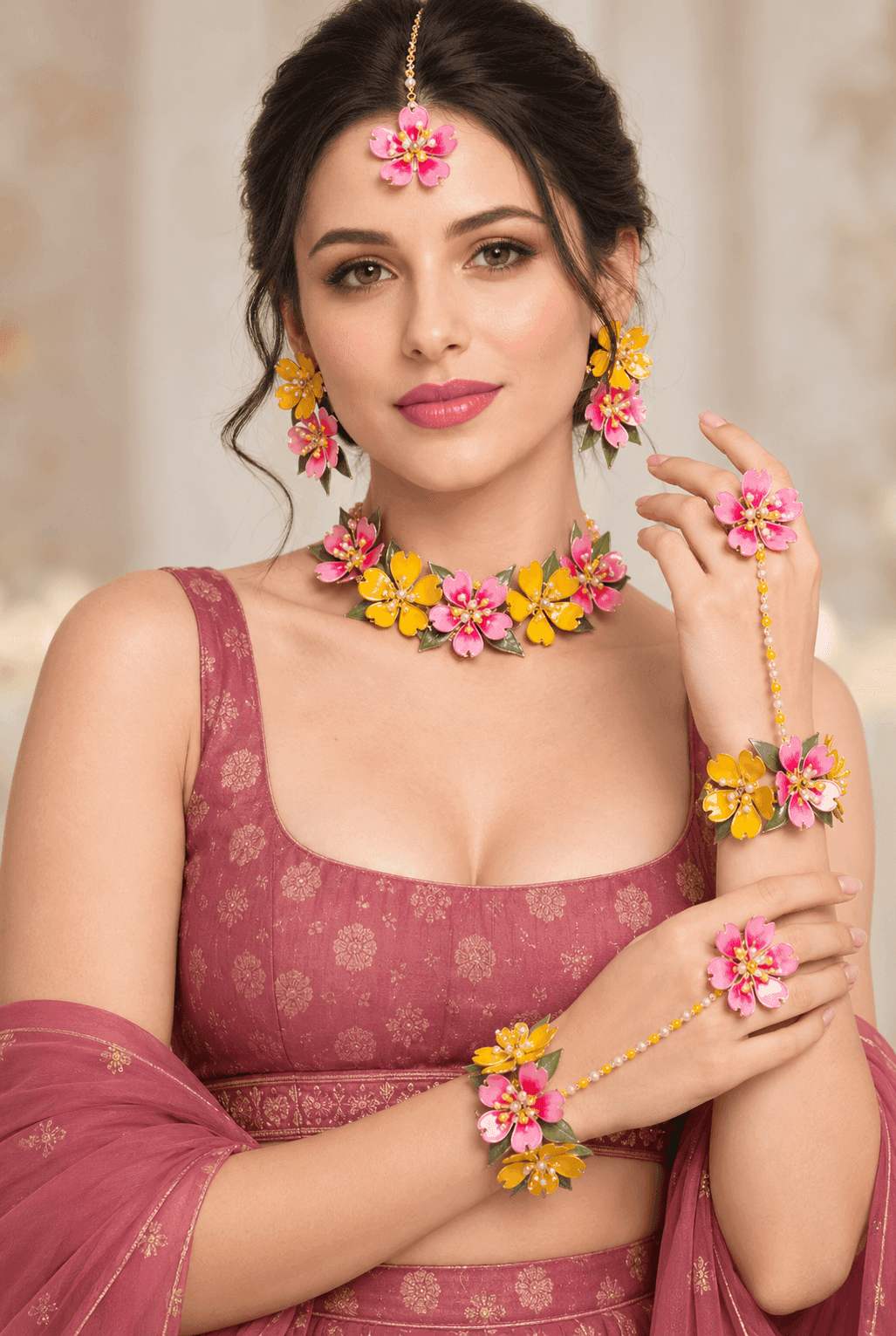 Floral Fantasy Resin Handmade Bridal Set Yellow-Pink Haldi & Mehndi