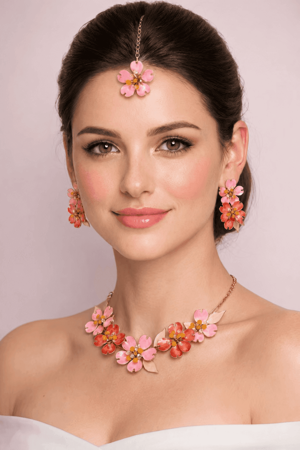 Pink & Orange Floral Resin Haldi Jewellery Set for Women